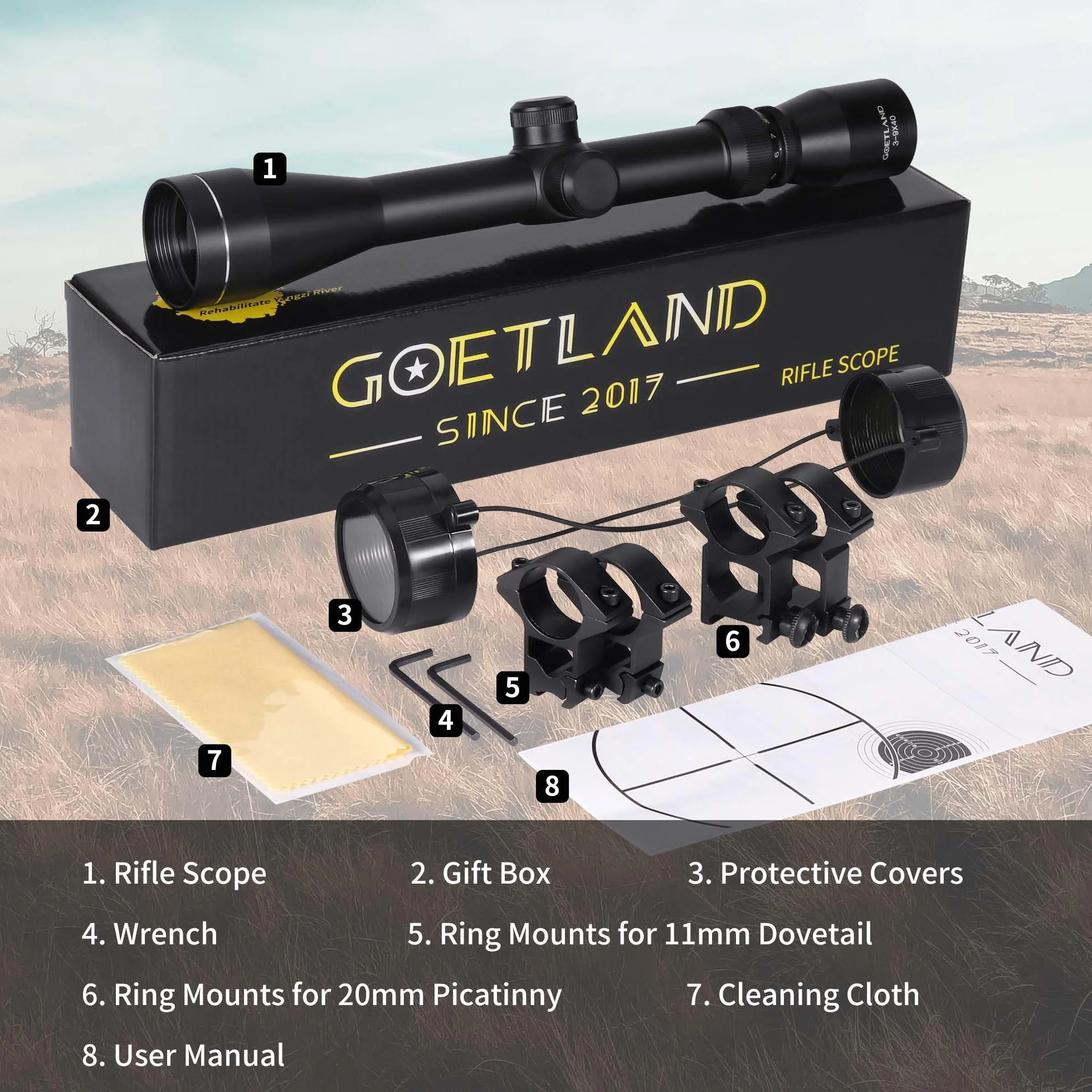 Goetland Gewehr Zielfernrohr 3-9x40 Airsoft Crosshair Optik R4 Absehen mit Montage Ringe SFP für Taktische Jagd Luftgewehr Sportschützen