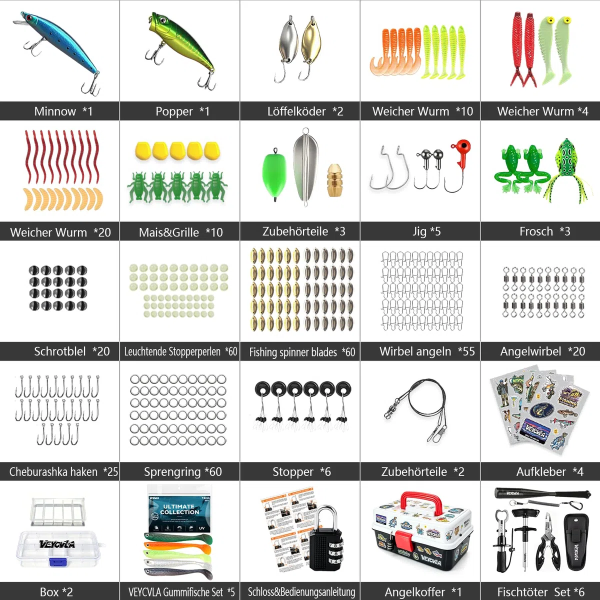 376 Stück Angelzubehör Set,Angelkoffer mit Zubehör- Fischtöter Angelzange Hakenlöser Angelzubehör,Zander,Barsch&ForellenKöder, Angelblei, Haken, Angler Geschenk für Anfänger
