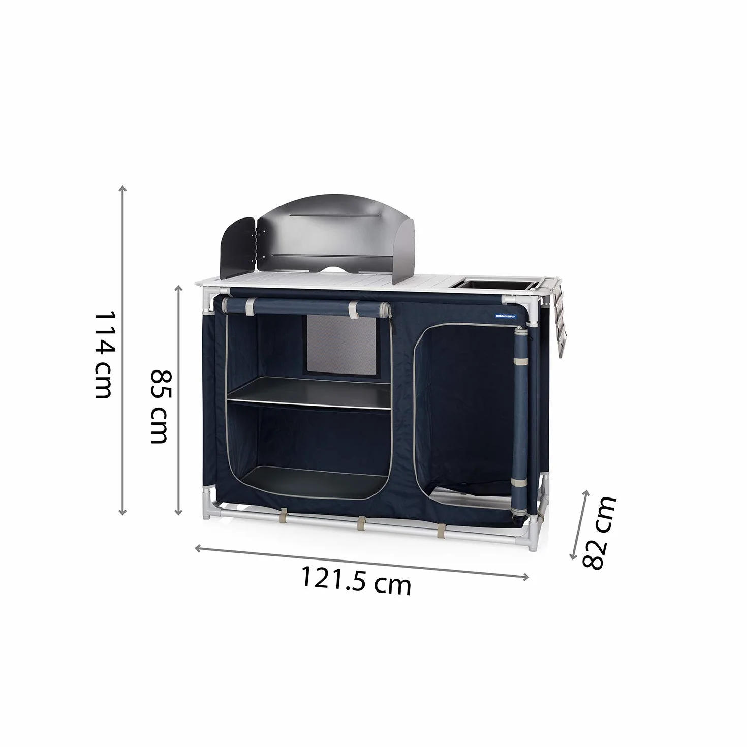 Campart Campingküche mit zwei Aufbewahrungsfächern, Spülbecken und Windschutz, KI-0753, blau