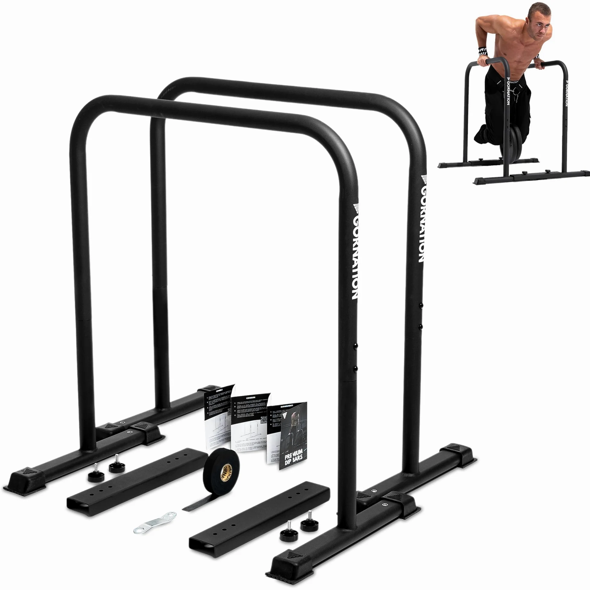 GORNATION Premium Dip Barren, Dip Stange, Verstellbares Calisthenics & Fitness Trainingsgerät mit rutschfesten Füßen, Dip Station für Home und Outdoor Workout Bars