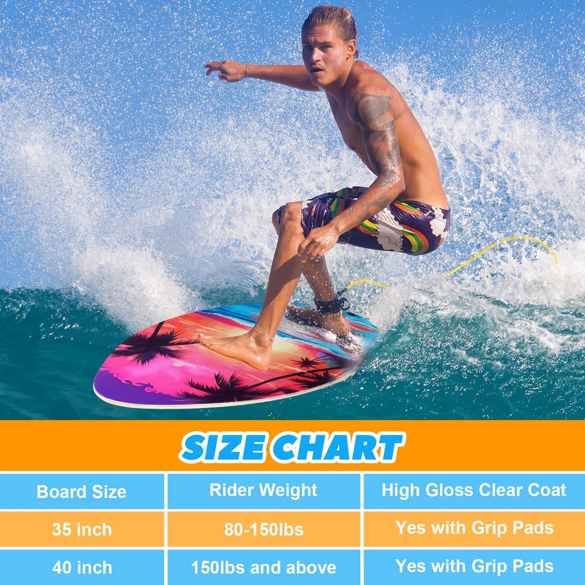 Soulchen Skimboard mit Hochglanz-Klarlack aus Holz, Skimboards für Anfänger, Kinder, Jugendliche, Erwachsene und alle Skimming-Skimboards