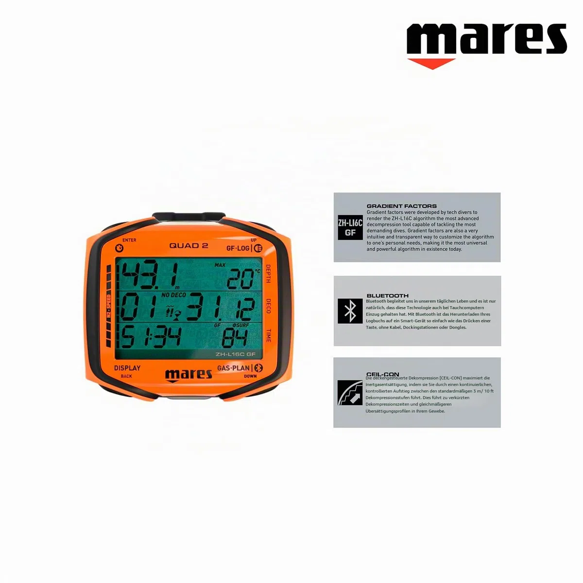 Mares Tauchcomputer Quad 2 Smart Wrist | Anzeige von Tiefe, Dekompression, Uhrzeit