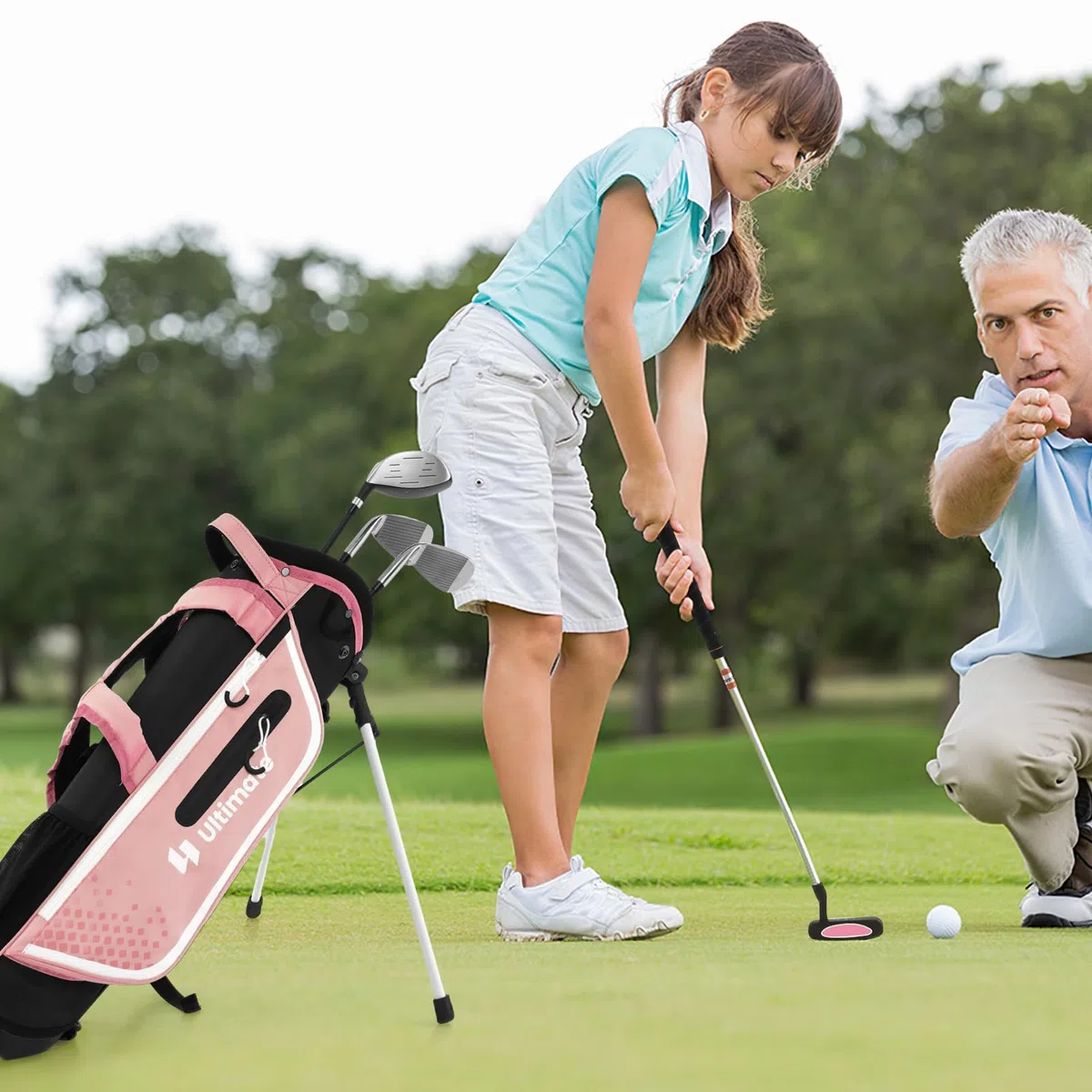 LIFEZEAL Komplettes Golfschläger-Set für Kinder, Golftasche mit 4 Golfschlägern, Tragbares Golfbag mit Stauraum, Trolleybag Junior mit Schultergurten, Ideal für Jungen & Mädchen von 8-10 Jahren
