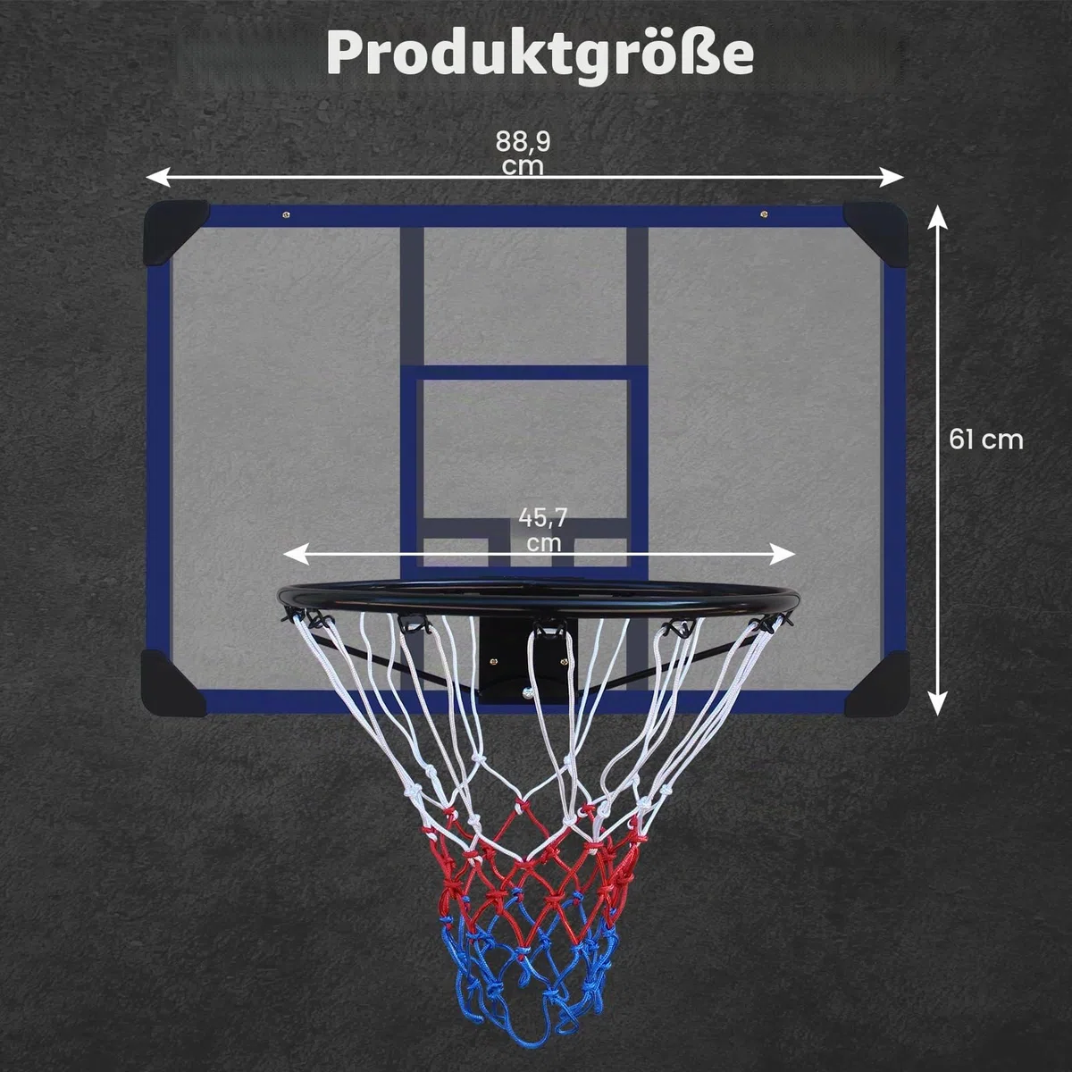 Basketballkorb zur Wandmontage 89 x 60 cm bruchsichere Rückseite faltbarer Reifen Allwetternetz