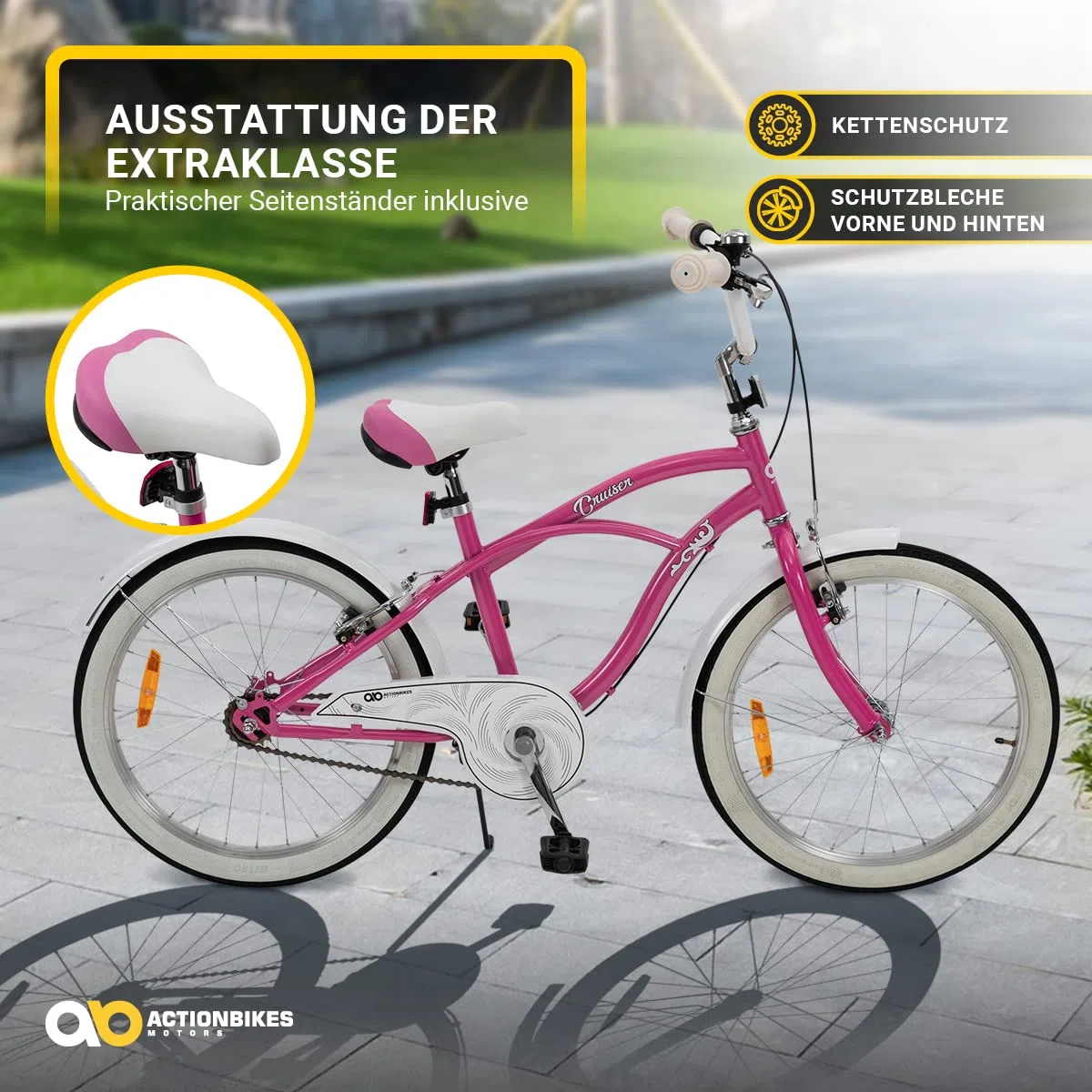 Actionbikes Kinderfahrrad Cruiser | 20 Zoll - V-Brake Bremsen - Fahrrad für Kinder von 6-9 Jahren - Schutzblech v. / h - Kinder Fahrrad für Mädchen & Jungen - Fahrräder - Bicycle - Kinderrad