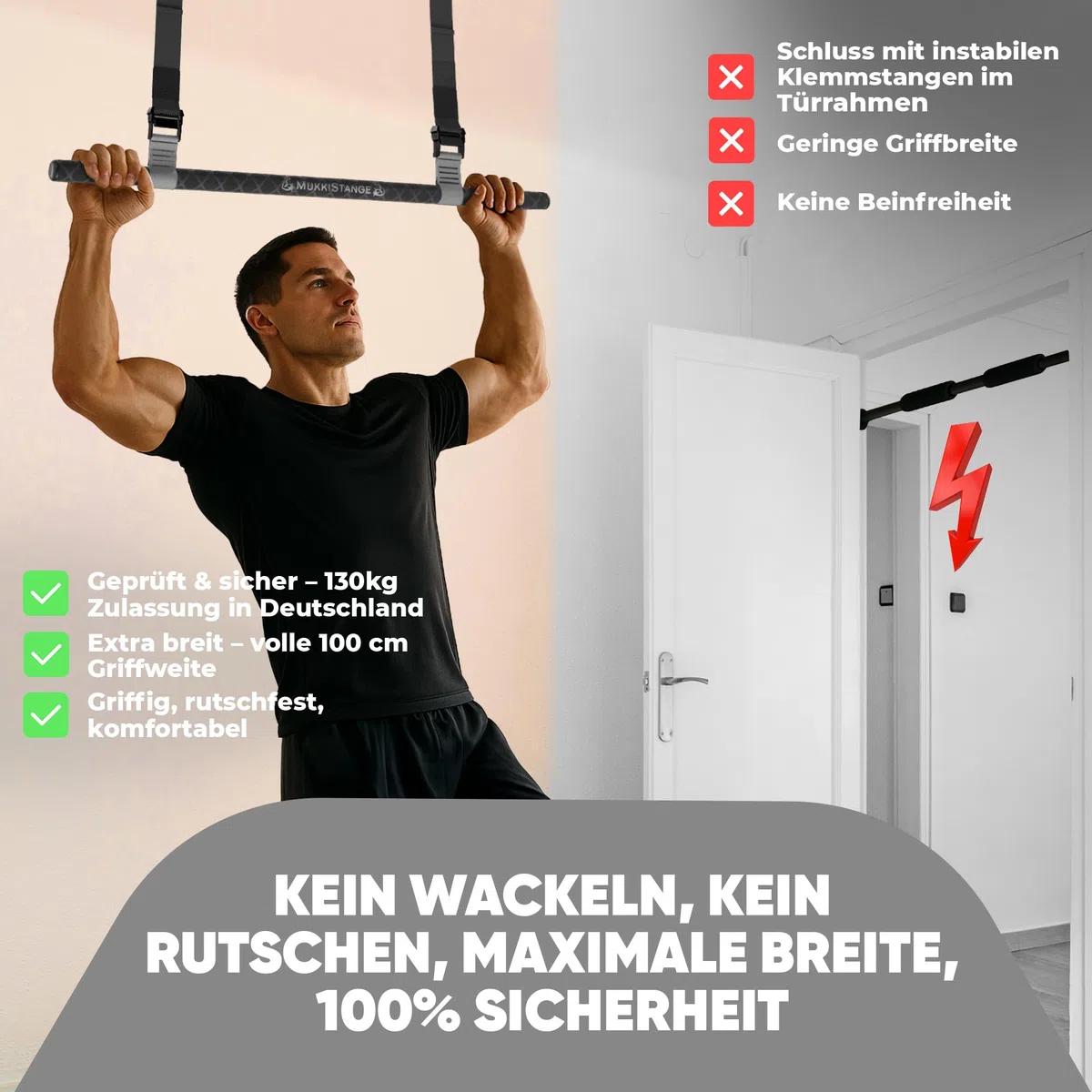 Klimmzugstange Decke, abnehmbar, höhenverstellbar, griffig, platzsparend, verstaubar, zum Aufhängen, geprüftes Fitnessgerät für Zuhause, sichere Pull-Up Bar mit Beinfreiheit