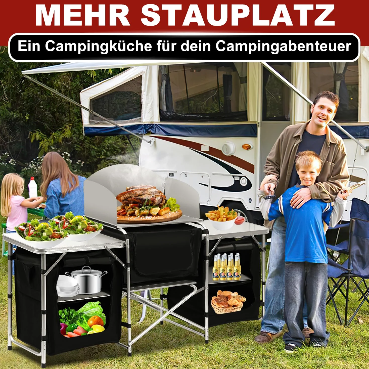 Daromigo XXL Campingküche faltbar, 3 Arbeitsflächen & 5 Fächer – Mobile Outdoor Kochstation mit Windschutz & Tasche, Großer Campingschrank stabil für Familien, Grillen & Wohnmobil
