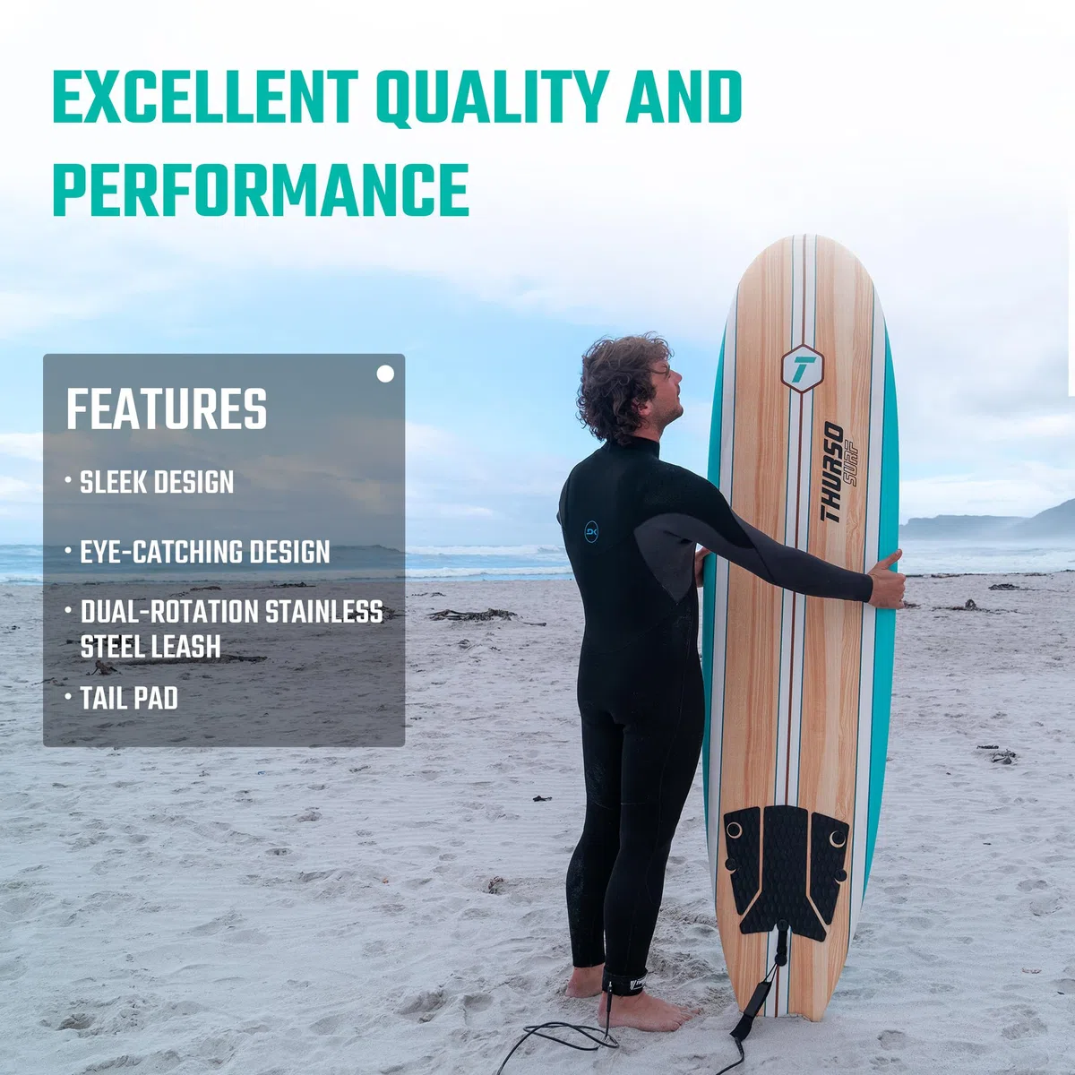Thurso SURF Aero Softtop-Surfbrett, 214 x 57 x 7 cm, EPS-Kern, 3 Finnen & Leash, für Anfänger, Kinder und Erwachsene