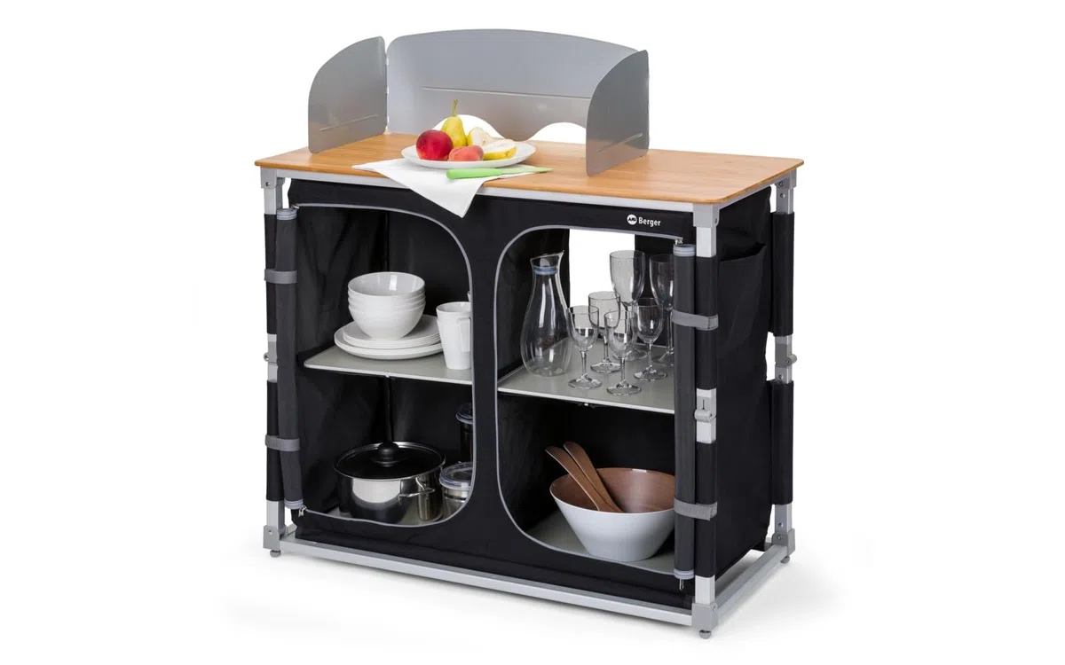 Küchenbox Deluxe für Camping – Faltbar mit 4 Staufächern, spritzwassergeschützte Bambus-Arbeitsplatte, Tragetasche, Outdoor Campingschrank, mobile Kochstation für Camping und Outdoor-Aktivitäten