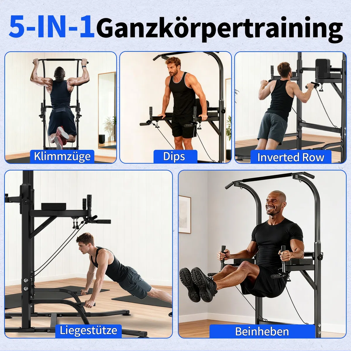 Power Tower Klimmzugstange Freistehend, Höhenverstellbar Klimmzug Dip Station Multifunktionales Heimfitness Gerät für Krafttraining und Körperübungen