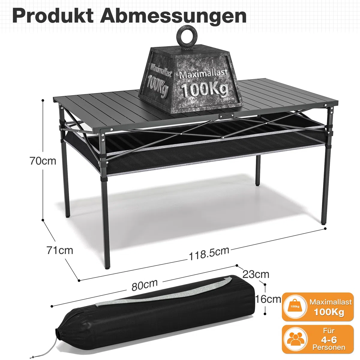Campingtisch Klappbar mit Aluminium Aufrollbare Tischplatte, Camping Rolltisch Faltbar für 4-6 Personen mit Netztasche, Klapptisch Camping mit Tragetasche bis 100KG