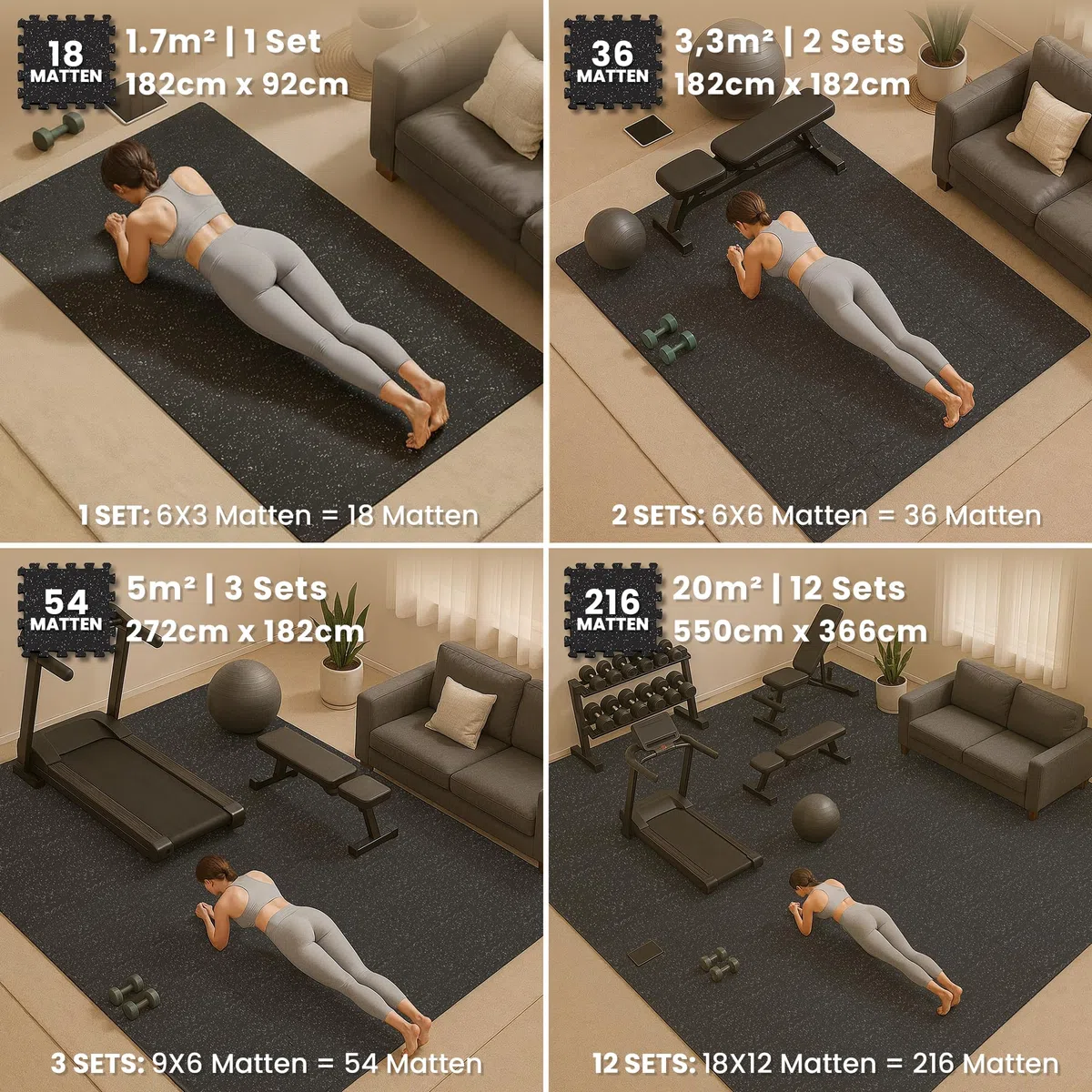 bemaxx Bodenschutzmatte Fitness – 18 Eva/Gummi-Matten im Set: Gym Fitnessgeräte Sportmatte Puzzlematte Laufbandmatte Fitnessmatte Unterlegmatte Sportgeräte Trainingsmatte Bodenmatte Gymnastikmatte