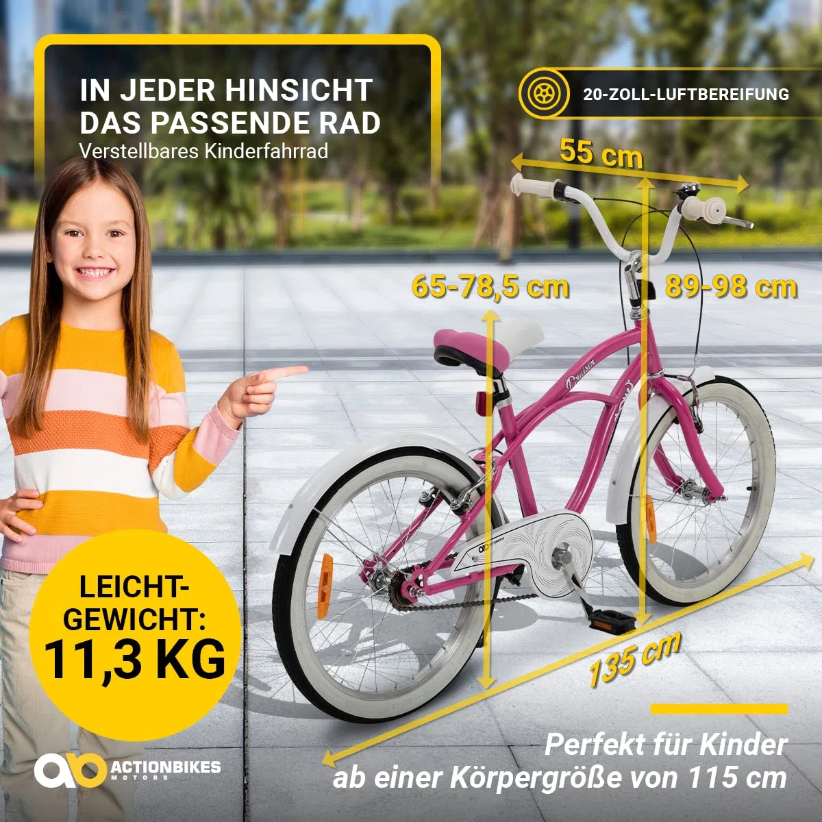 Actionbikes Kinderfahrrad Cruiser | 20 Zoll - V-Brake Bremsen - Fahrrad für Kinder von 6-9 Jahren - Schutzblech v. / h - Kinder Fahrrad für Mädchen & Jungen - Fahrräder - Bicycle - Kinderrad