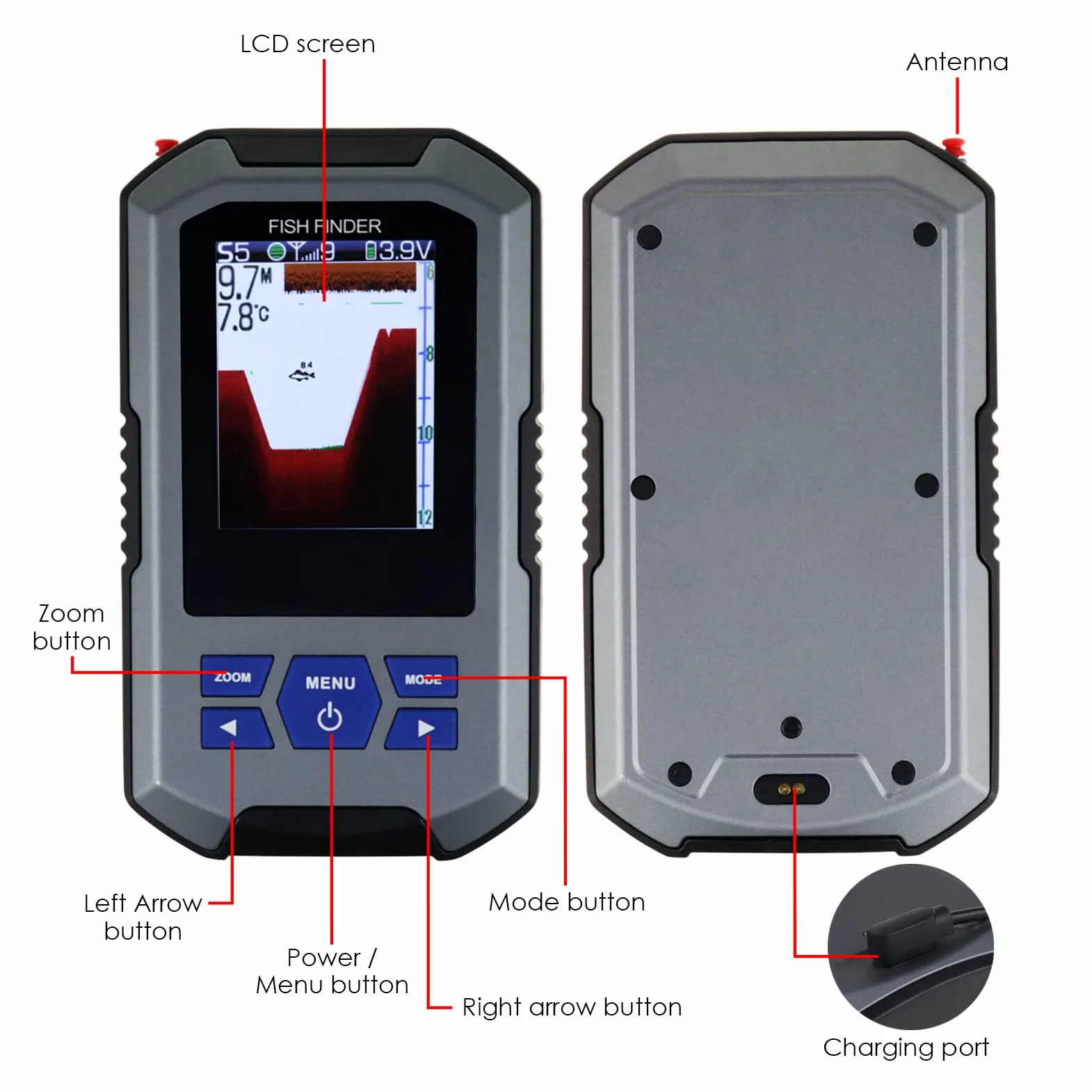 Fischfinder Wireless Sonar Sensor 125kHz Frequenz 45 Meter / 147 Fuß, Tragbarer Fish Finder mit Tiefenalarm Funktion und großes LCD-Display