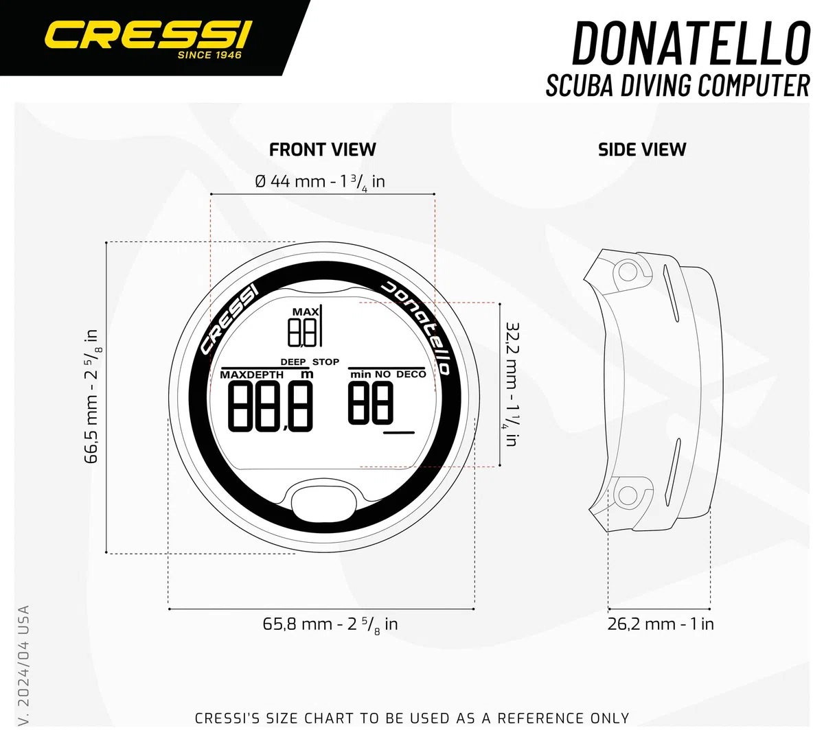 Cressi Donatello Tauchcomputer – Luft- und Nitrox-Modus, Apnoe- und Gauge-Modus – 150 Meter wasserdicht, Hochkontrast-Display – Benutzerwechselbare Batterie, Deep Stop, CNS-Sauerstoffanzeige