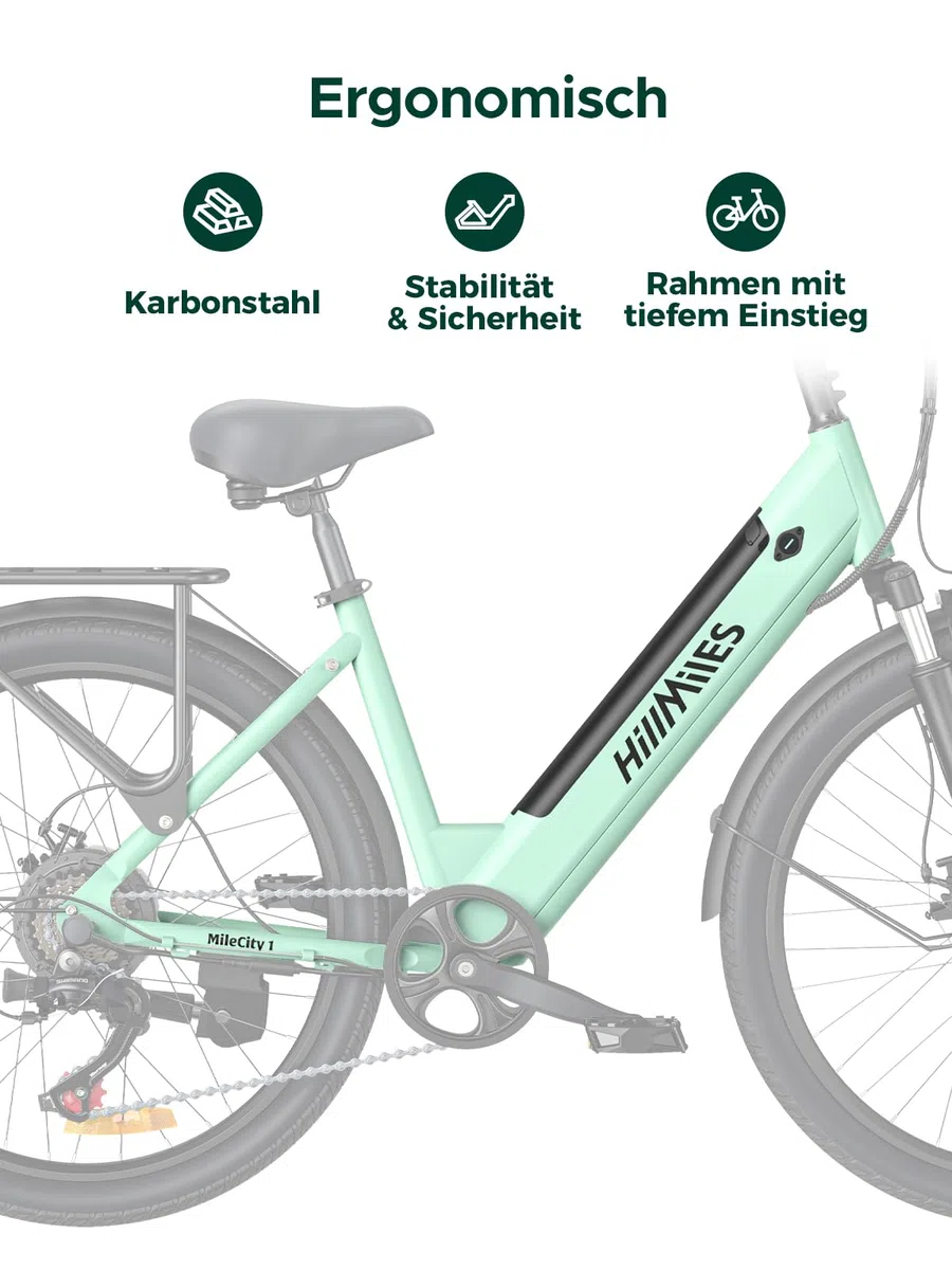 HillMiles Elektrofahrrad für Erwachsene, 26 Zoll, 7 Geschwindigkeiten, Elektrofahrrad mit 36 V, 13 Ah, abnehmbarer Akku, 25 km/h & Autonomie von 80 – 100 km E-Bike für Stadtpendler, IP65 wasserdicht
