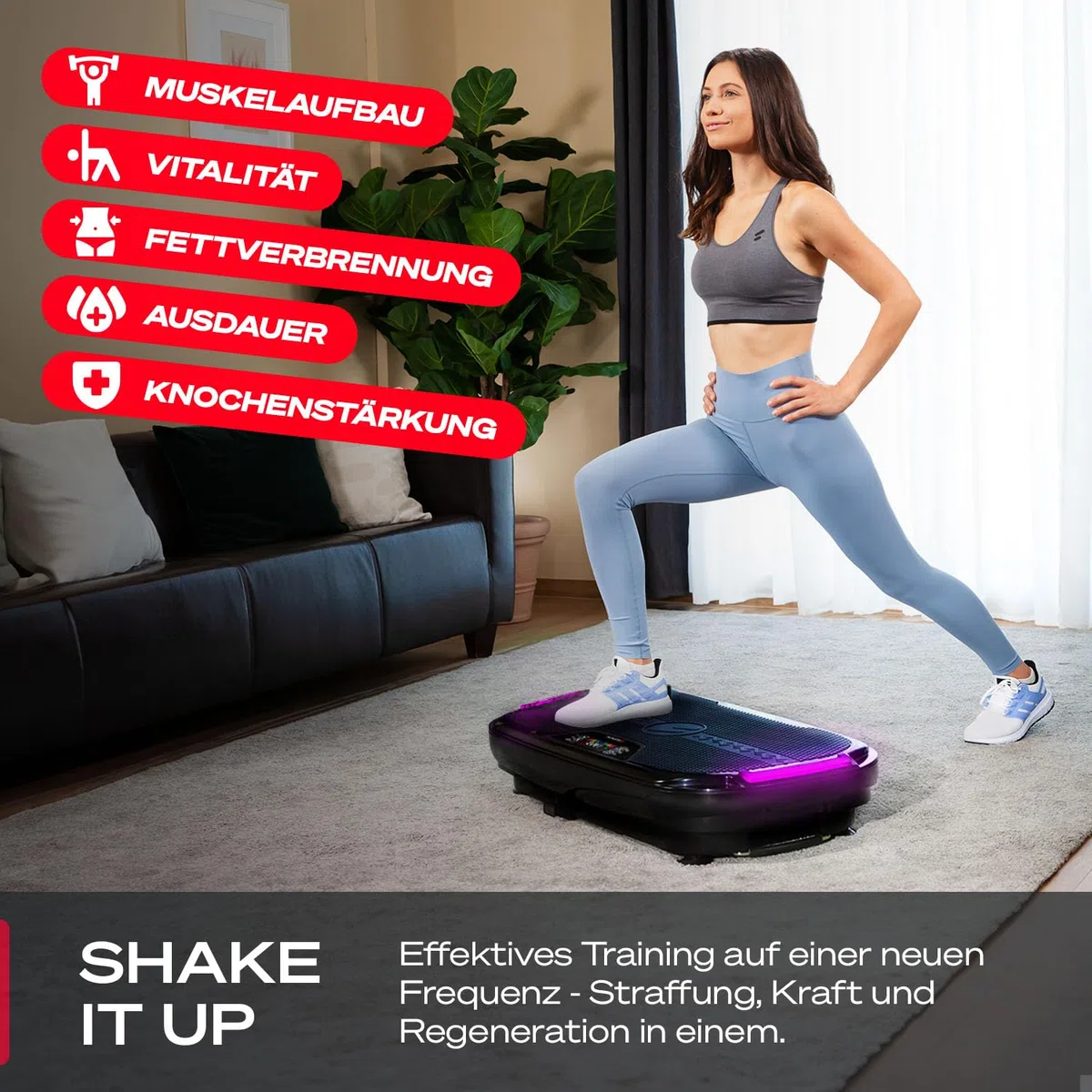 Sportstech VP275 3D Vibrationsplatte für Zuhause mit App-Steuerung, Rüttelplatte für Frauen & Männer, Lymphdrainage, Fettverbrennung & Muskelaufbau, Ganzkörpertraining, LED, Power Ropes, 99 Stufen