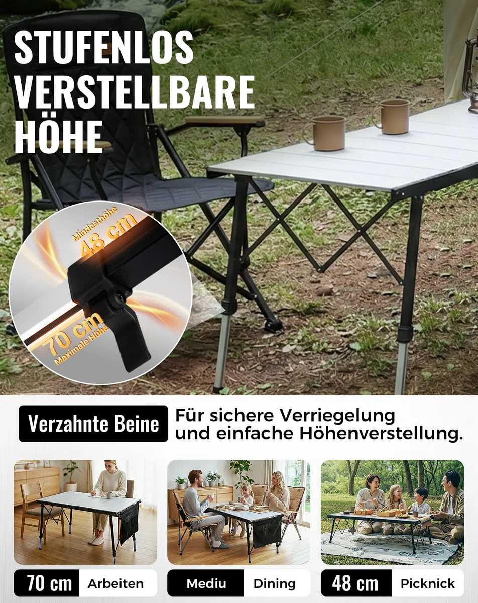 KingCamp Campingtisch Klappbar Extra Groß Höhenverstellbar, 140x70cm 48-70cm Mit Aufbewahrungstaschen, Leicht & Stabil Für Garten, Balkon & Outdoor