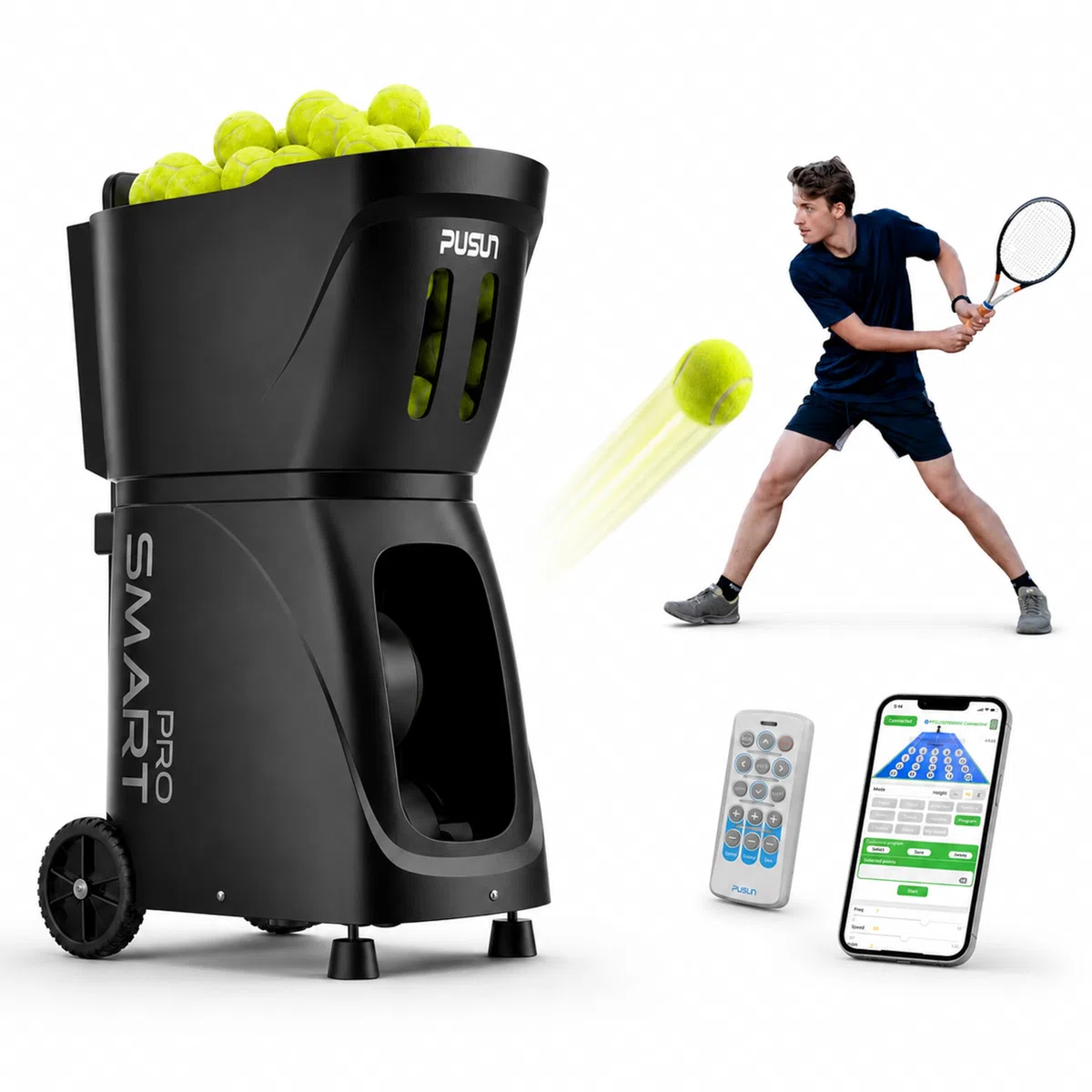 PUSUN PT-SMART Pro Tennis- & Padel-Ballmaschine mit App-Steuerung & Fernbedienung, automatische Ballwurfmaschine mit 28/20 Landepunkten, 26 Trainingsmodi, Topspin/Backspin, 115+ Bälle, 4–6 Std. Akku