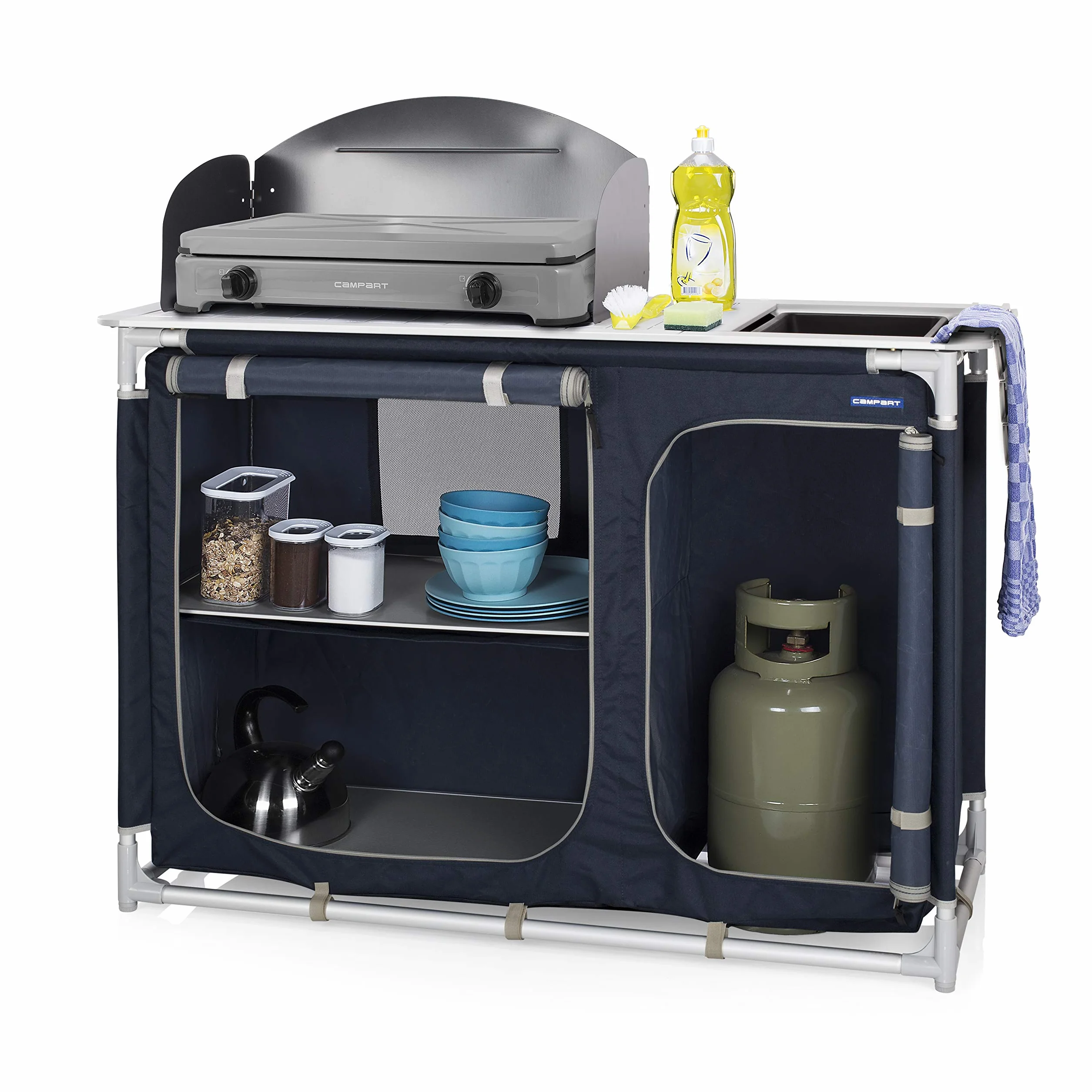 Campart Campingküche mit zwei Aufbewahrungsfächern, Spülbecken und Windschutz, KI-0753, blau
