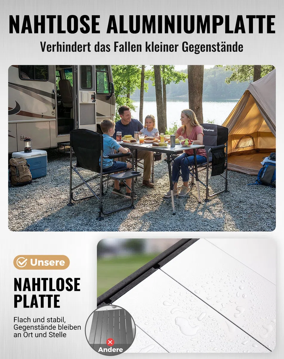 KingCamp Campingtisch Klappbar Extra Groß Höhenverstellbar, 140x70cm 48-70cm Mit Aufbewahrungstaschen, Leicht & Stabil Für Garten, Balkon & Outdoor