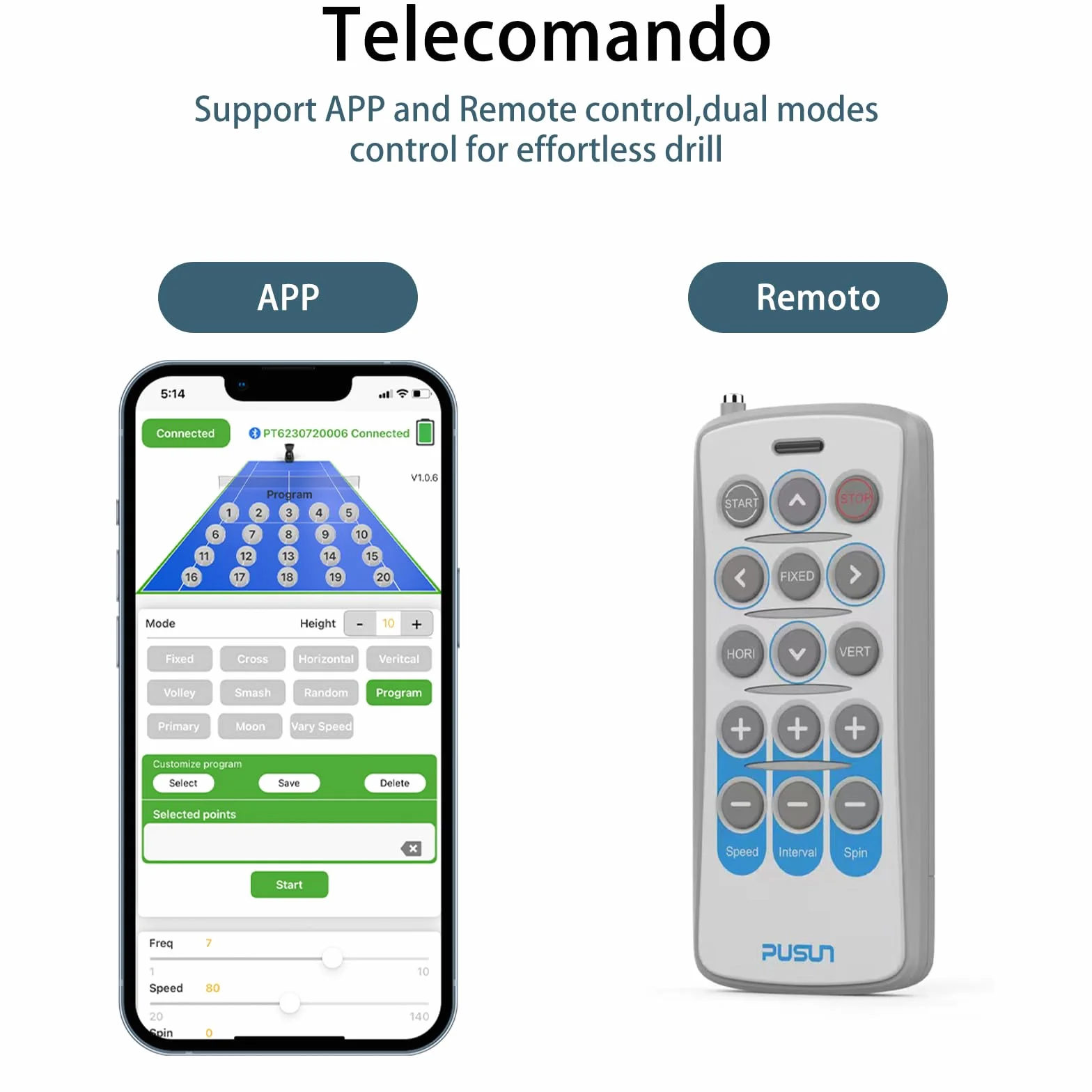 PT-Smart Tennisballmaschine mit App, Fernbedienung | Elektronischer tragbarer Ballwerfer | 4-6-Stunden-Akku | Oszillation mit Topspin & Backspin | Trainingsgeräte für Erwachsene | Court Practice