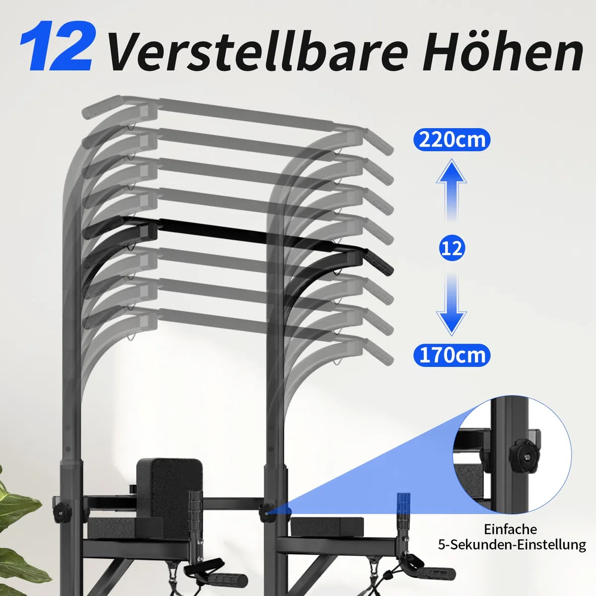 Power Tower Klimmzugstange Freistehend, Höhenverstellbar Klimmzug Dip Station Multifunktionales Heimfitness Gerät für Krafttraining und Körperübungen
