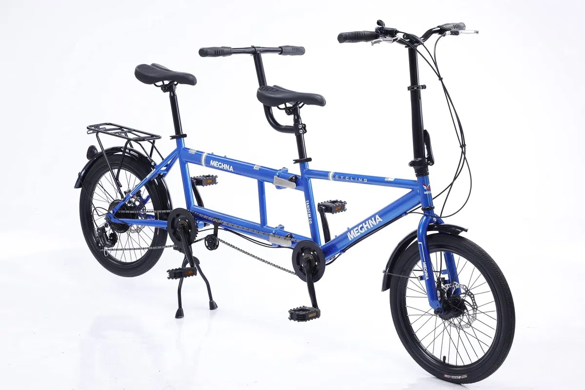 Klassisches Tandem Fahrrad - Faltbare Adult Beach Cruiser Bike mit 7 Geschwindigkeiten, Familie 3-Säseer, Blau