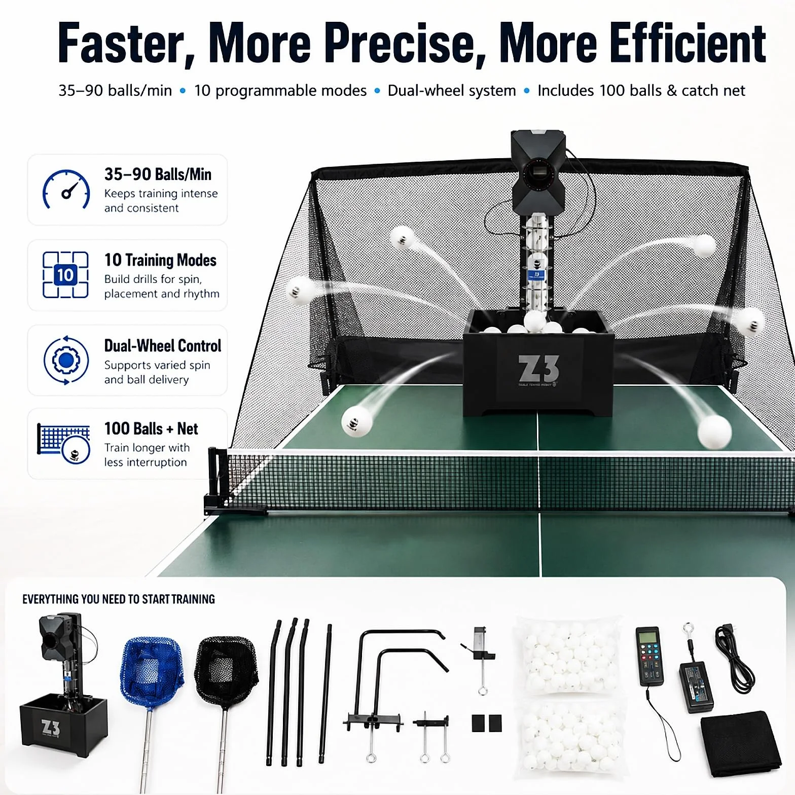Tischtennis Roboter mit Netz Automatische Tischtennis Ballmaschine Von 100 Bällen Professionell Tischtennisroboter mit 10 Modi, Fernbedienung 4-40m/s Ping Pong Roboter für Training, Übung