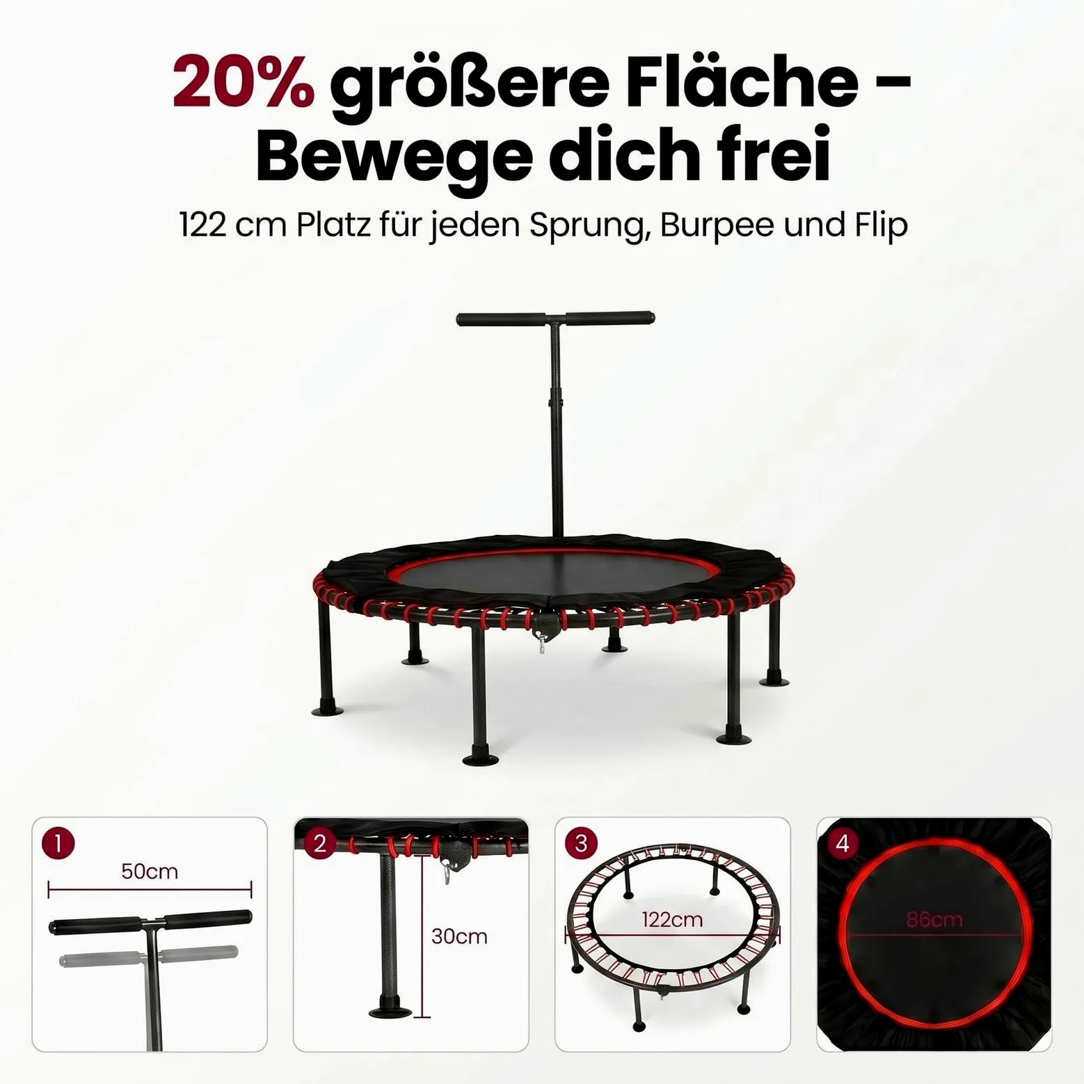 LIFERUN Ø102/122cm Fitness Trampolin Indoor mit Randabdeckung, bis 150kg, 3-stufiger Haltegriff, ohne Montage, geräuscharme Gummiseilfederung, für Erwachsene und Kinder, für drinnen und draußen