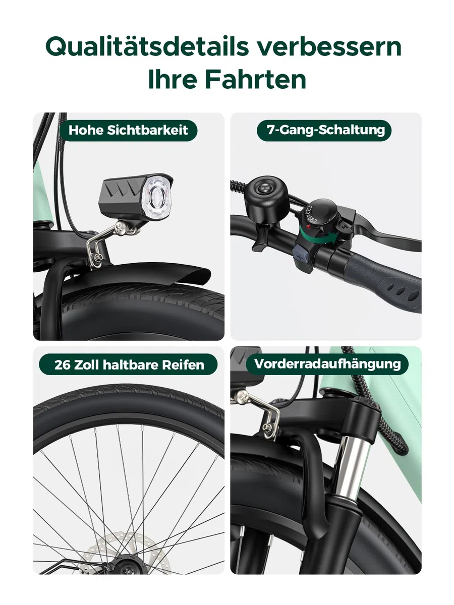 HillMiles Elektrofahrrad für Erwachsene, 26 Zoll, 7 Geschwindigkeiten, Elektrofahrrad mit 36 V, 13 Ah, abnehmbarer Akku, 25 km/h & Autonomie von 80 – 100 km E-Bike für Stadtpendler, IP65 wasserdicht