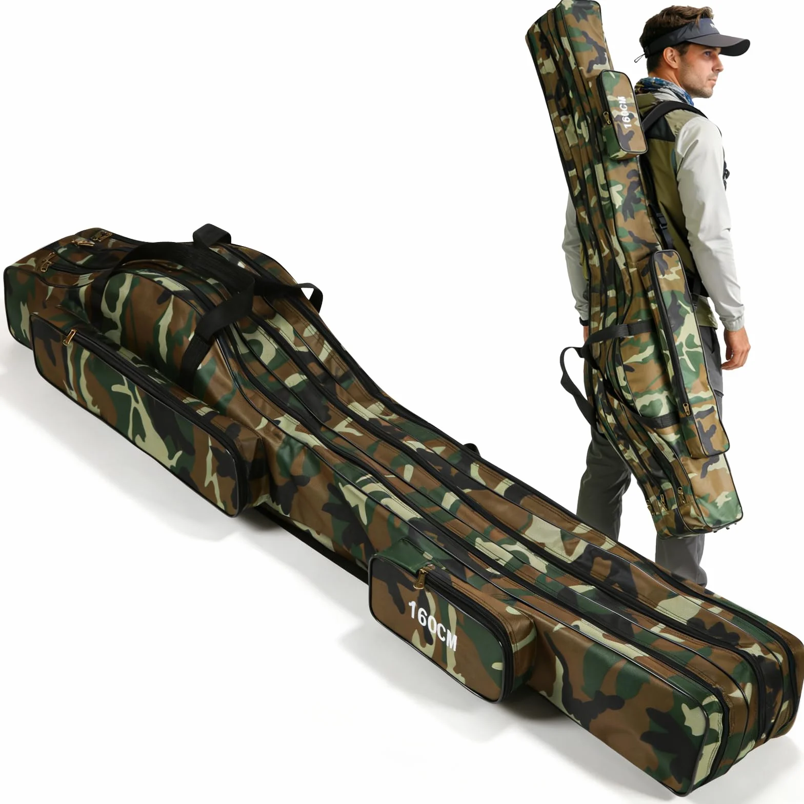 Tragbare Angelrutentasche aus Canvas, 160 cm verstellbare doppellagige Angeltasche Tragetasche für Angelrollen Werkzeug Ruten und Zubehör, ideal zum Angeln, Campen und Wandern