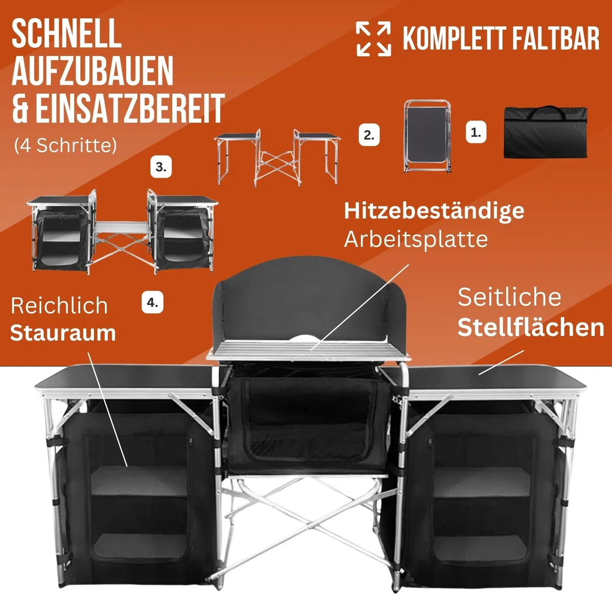 Campingschrank Camping Outdoor Vorzelt Campingmöbel, Camping Küche, faltbar, Reiseküche, Küchenschrank mit Arbeitsplatte und Staufächern für Outdoorküche, Vorzelt, Wohnwagen