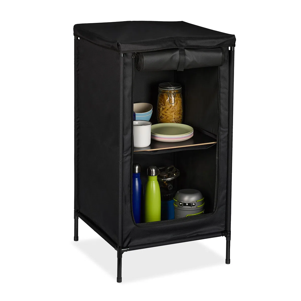 Relaxdays Campingschrank, 2 Ablagen, HxBxT: 87 x 47,5 x 47,5 cm, Stoff & Metall, Campingregal, Stauraum im Vorzelt, grau