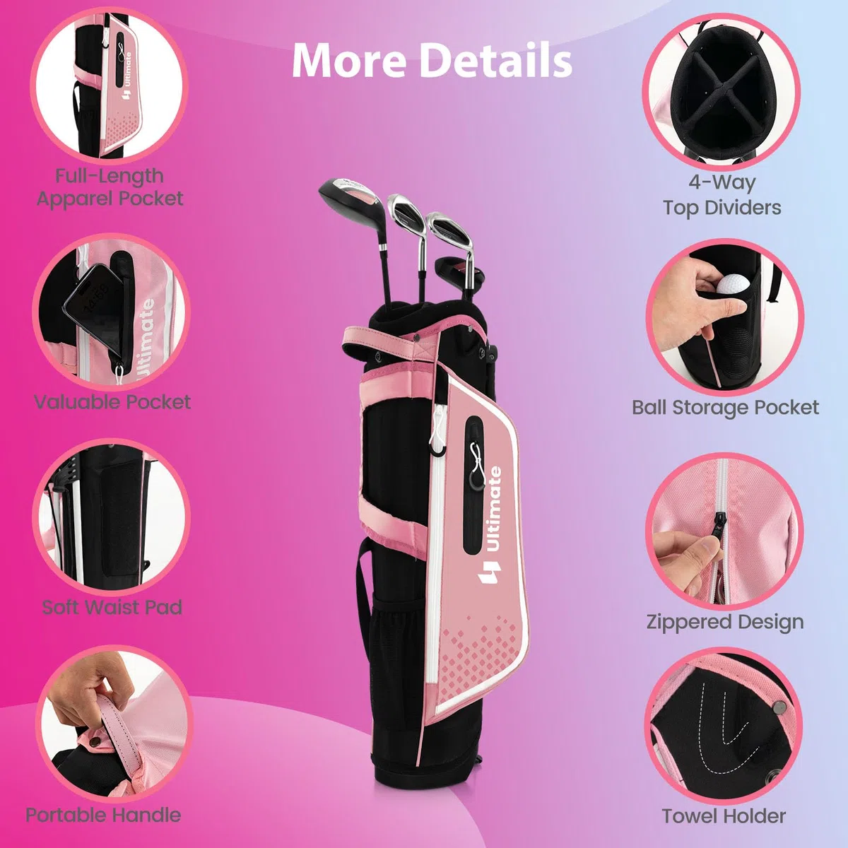 LIFEZEAL Komplettes Golfschläger-Set für Kinder, Golftasche mit 4 Golfschlägern, Tragbares Golfbag mit Stauraum, Trolleybag Junior mit Schultergurten, Ideal für Jungen & Mädchen von 8-10 Jahren