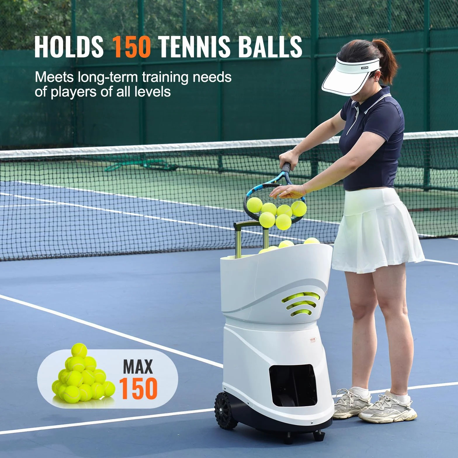 VEVOR Tennisballmaschine, tragbarer Tennisballwerfer, Übungswerfer für 150 Bälle, Tennistraining, 5 Motoren, Multimodus-Übungen, über 2 Std. Spielzeit, wiederaufladbarer Akku, Fernbedienung per App