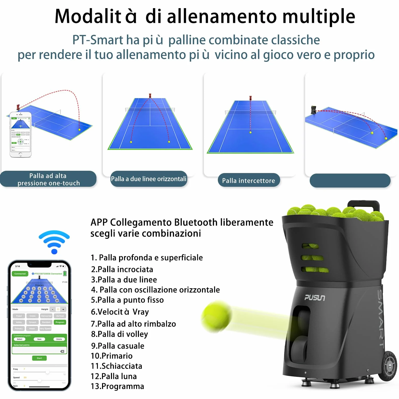 PT-Smart Tennisballmaschine mit App, Fernbedienung | Elektronischer tragbarer Ballwerfer | 4-6-Stunden-Akku | Oszillation mit Topspin & Backspin | Trainingsgeräte für Erwachsene | Court Practice