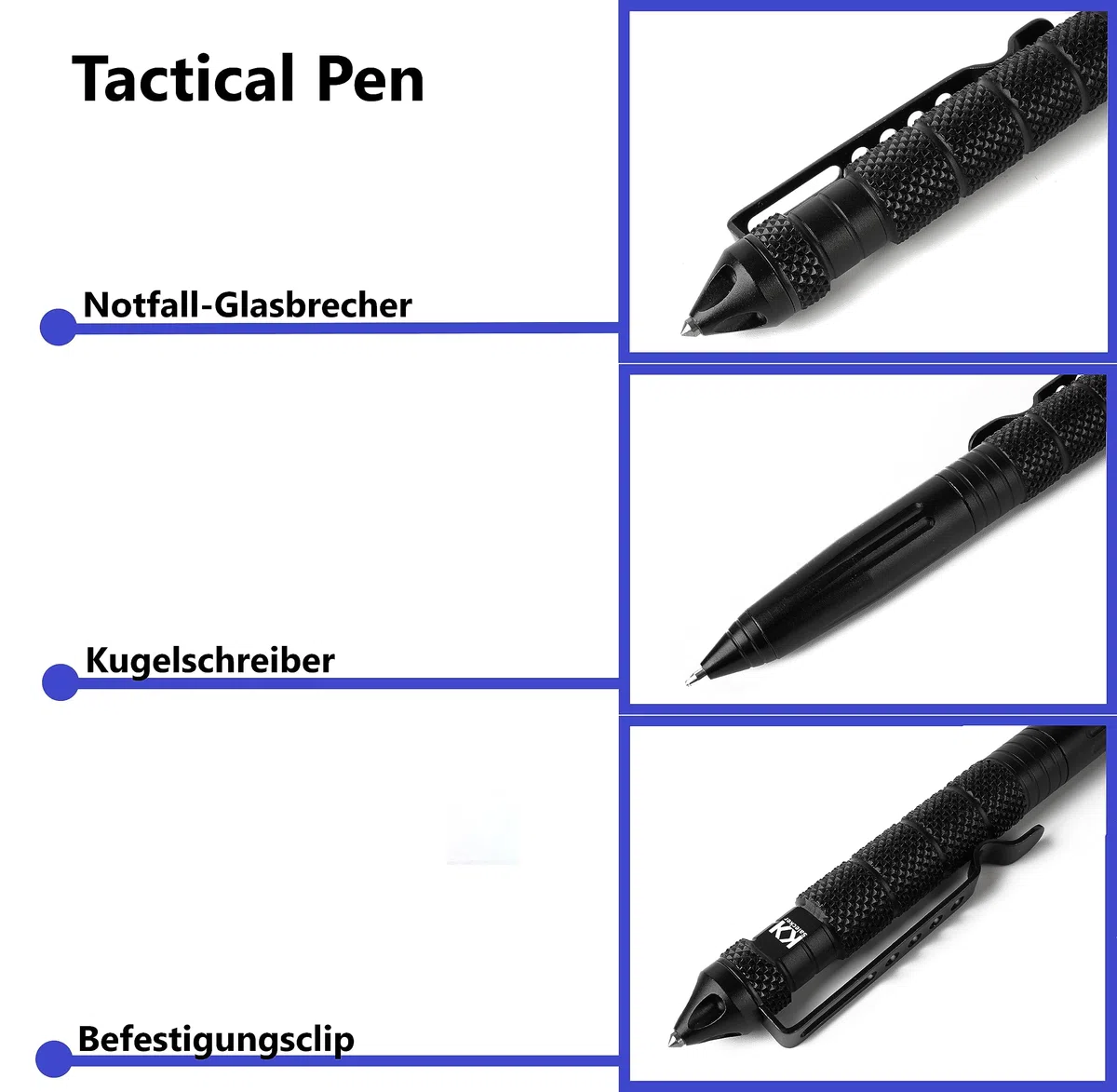 Tactical Pen - Taktischer Kugelschreiber - mit Glasbrecher und Selbstverteidigungs-Tool Kubotan - Multifunktional - EDC - Schwarz