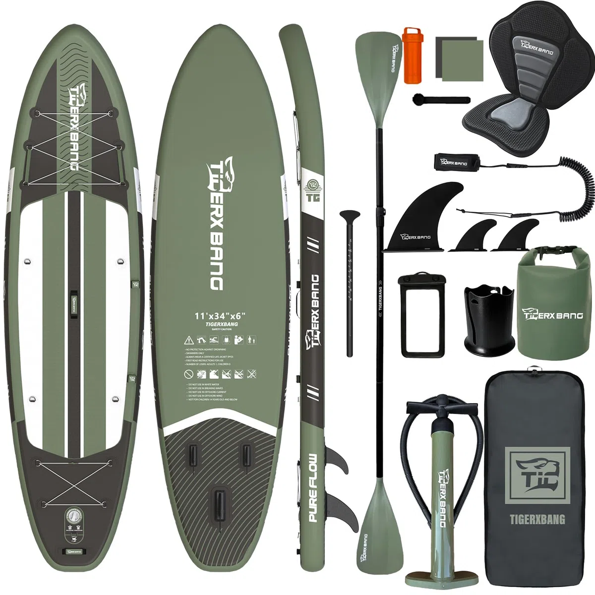 TIGERXBANG Aufblasbares Paddle Board mit Sitz, 335 x 86 x 15 cm Stand Up Paddling Board für Erwachsene/Kinder, Komplettes ISUP-Surf-Set für 2+1 Personen/Familie