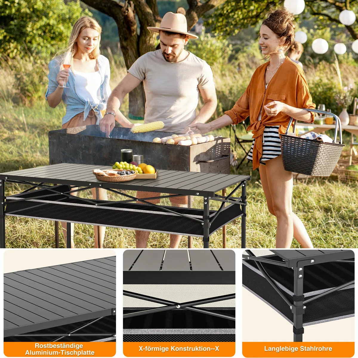 Campingtisch Klappbar mit Aluminium Aufrollbare Tischplatte, Camping Rolltisch Faltbar für 4-6 Personen mit Netztasche, Klapptisch Camping mit Tragetasche bis 100KG
