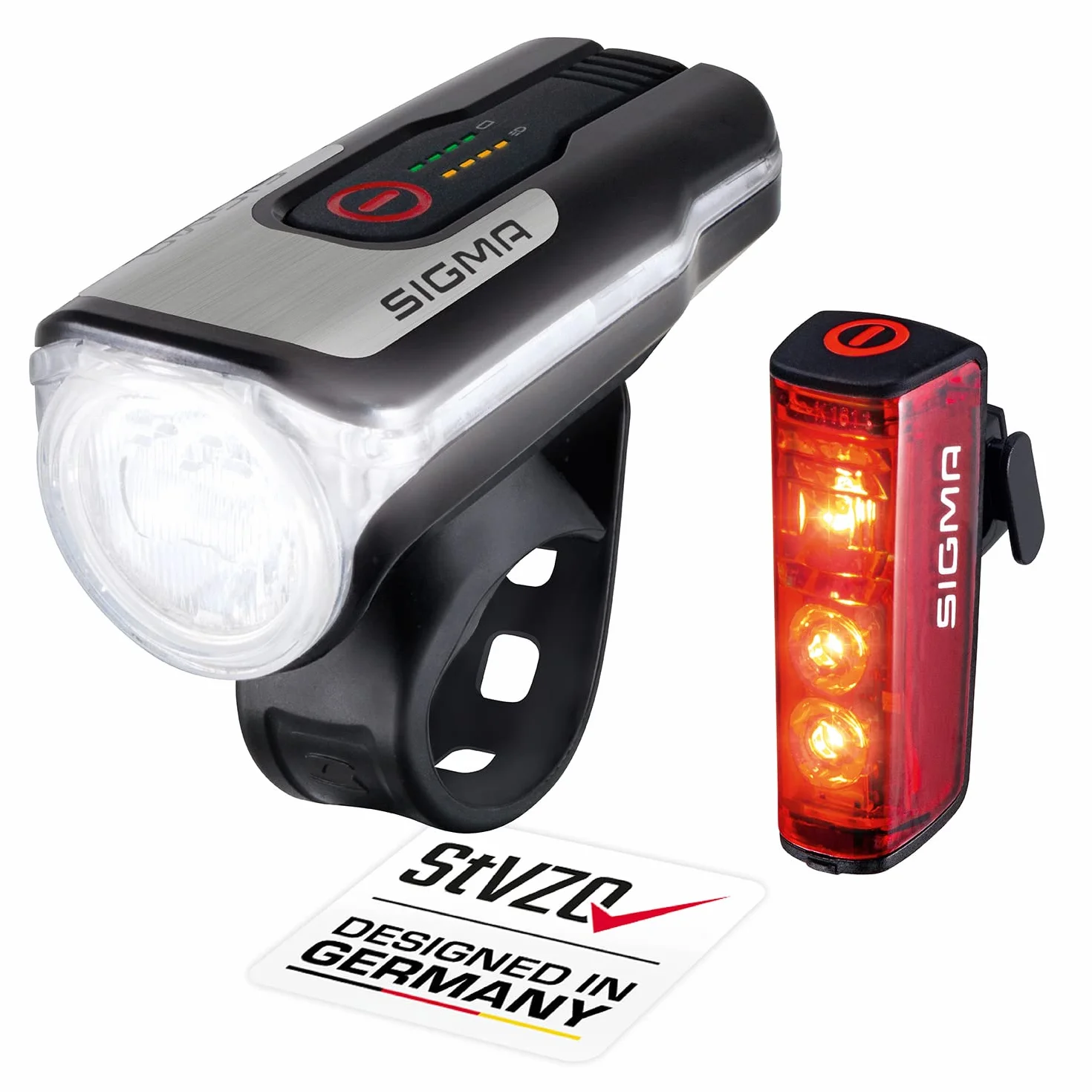 SIGMA LED Fahrradlicht Set Aura 80 und BLAZE | StVZO zugelassenes, akkubetriebenes Vorderlicht und Rücklicht mit Bremsfunktion | wetterfestes, wiederaufladbares Beleuchtungsset