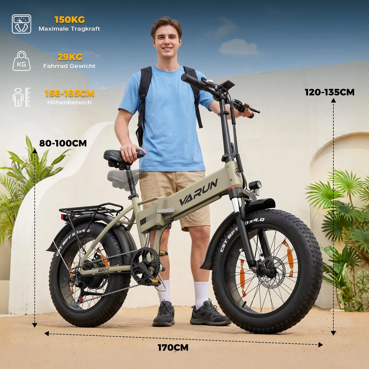 VARUN E Bike, 20 Zoll Elektrofahrräder mit 48V 13Ah (624Wh) Akku, bis 120KM Reichweite, 4.0 Fat tire Pedelec, StVZO, E-Bike Herren Damen mit 7-Gang für jedes Gelände, S20-1
