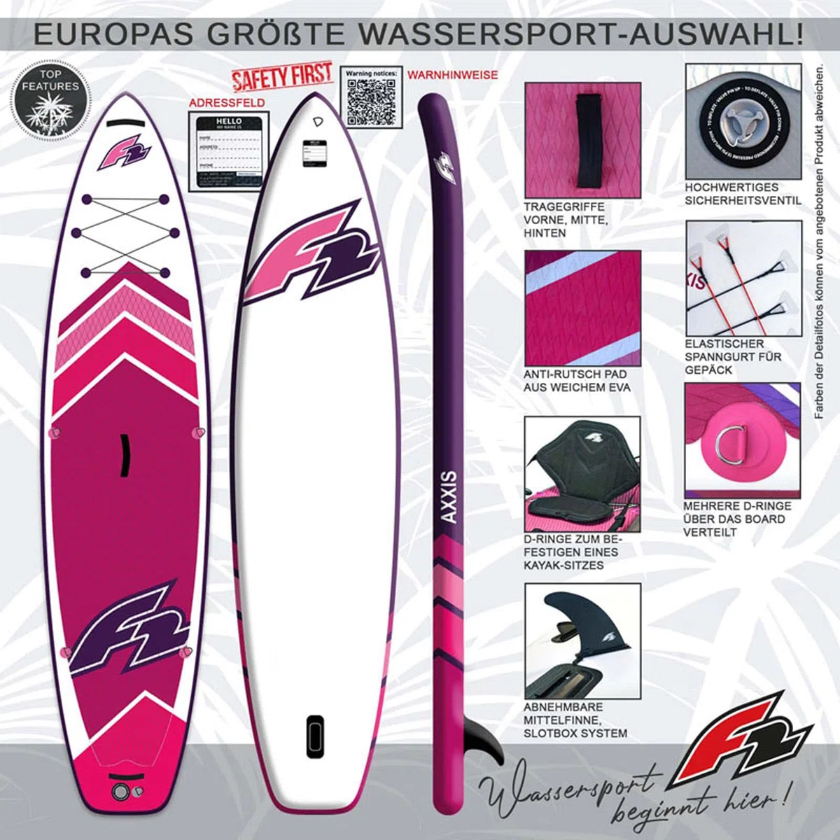 F2 Stand Up Paddle Board AXXIS - Damen SUP Größe wählbar Pink 2024/2025