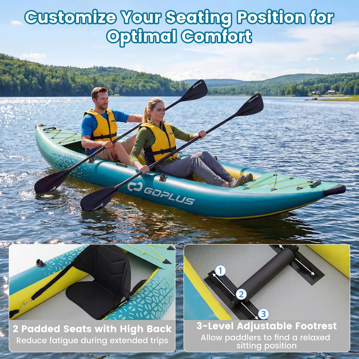 FANTASK kajak aufblasbar, Schlauchboot 2 Personen mit Aluminiumrudern, aufblasbares Kanu gepolstertem Eva-Sitz, Handpumpe & Reparaturset, Kayak 230 kg Gewichtskapazität mit Tragetasche (Türkisblau)
