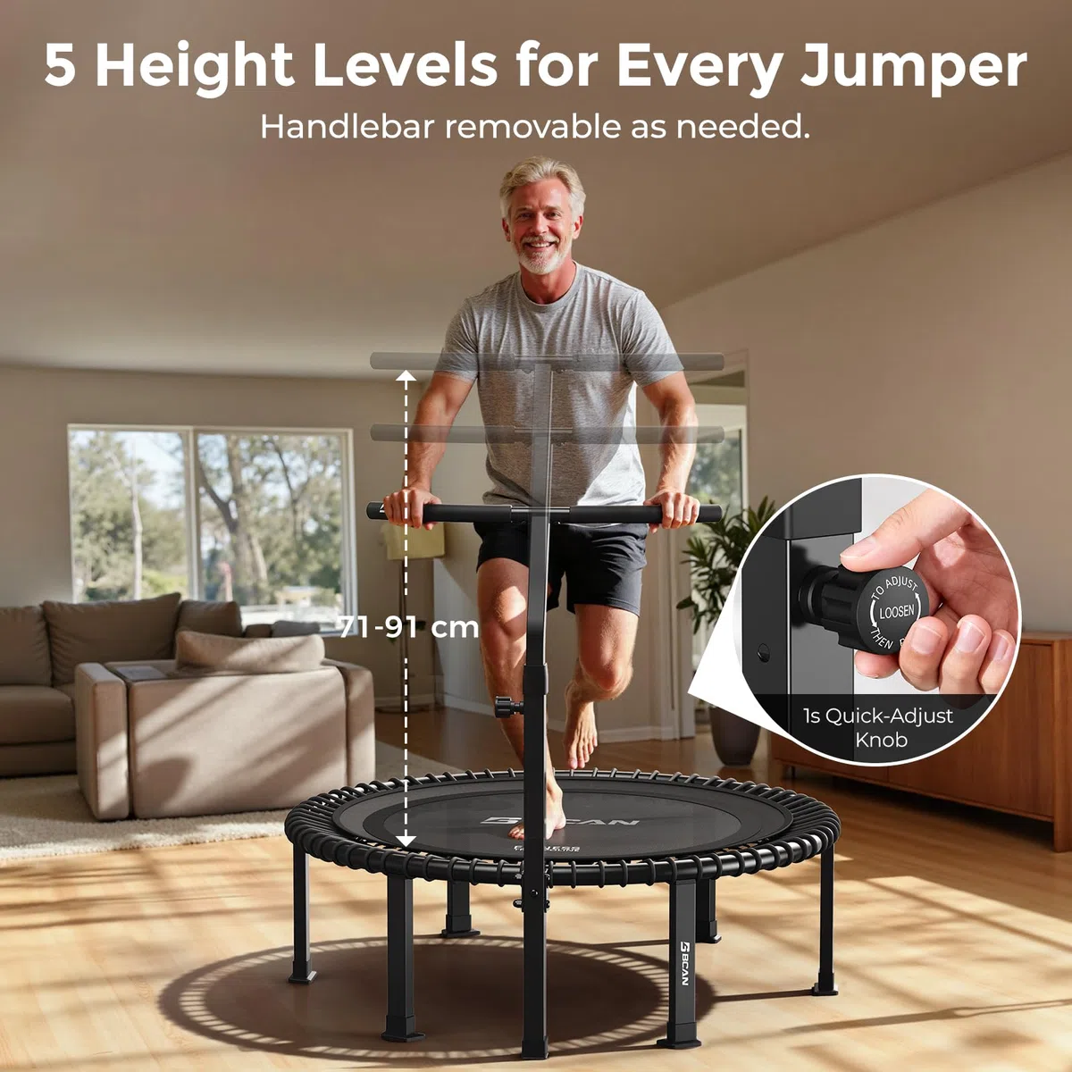 B BCAN BT4 102cm Soft Land Pro Bungee-Rebounder-Trampolin für Erwachsene,Tragkraft 227kg,Bungee-Seile& Griff mit Einstellbarer Spannung,einteiliger Rahmen (16 Gauge),Handyhalterung&Socken