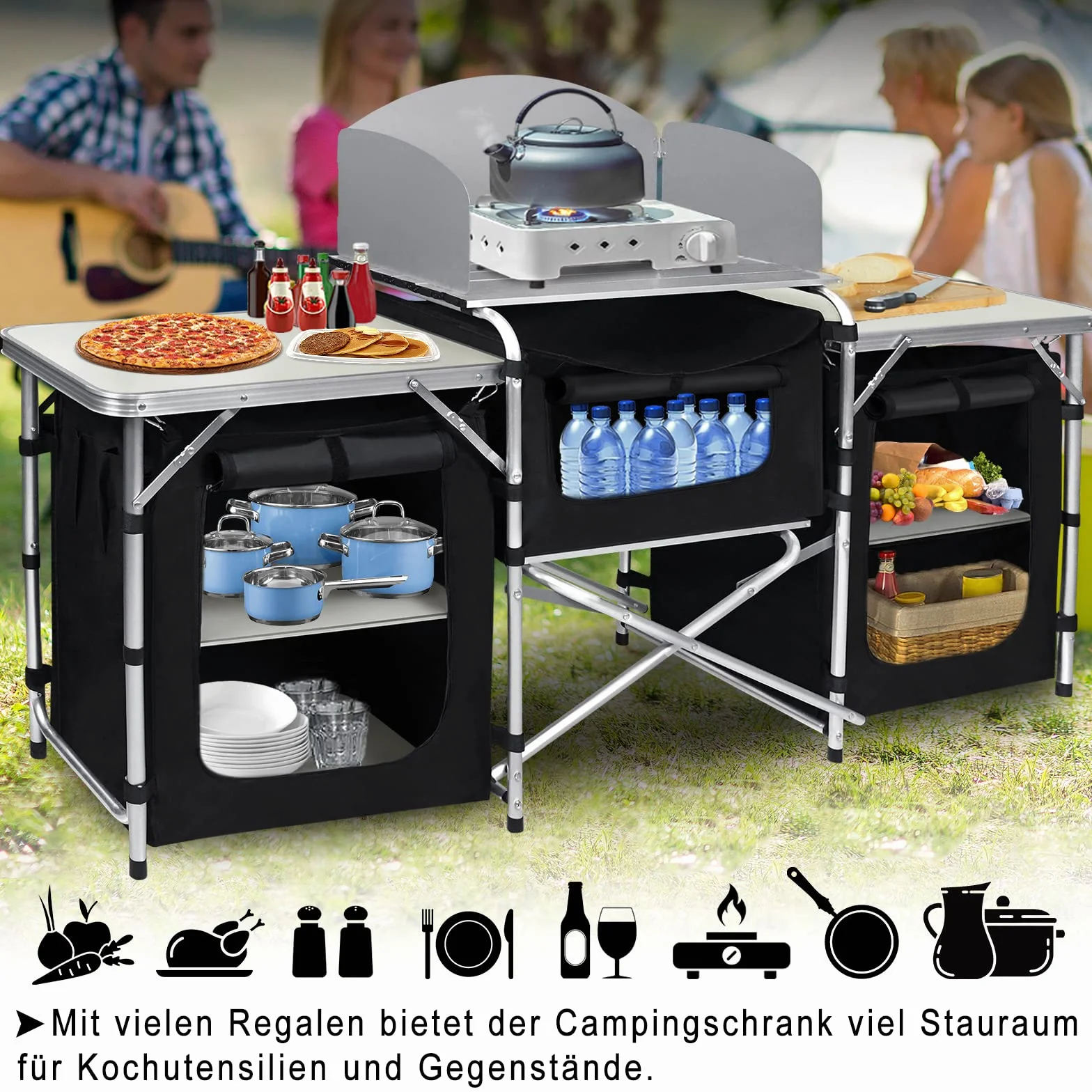 Froadp Faltbar Camping Schränke Mobile Campingküche Schrank mit MDF Tischplatte & Tragetasche Mobile Gartenküche Grilltisch Außenküche für BBQ Reisen Camping Garten Balkon