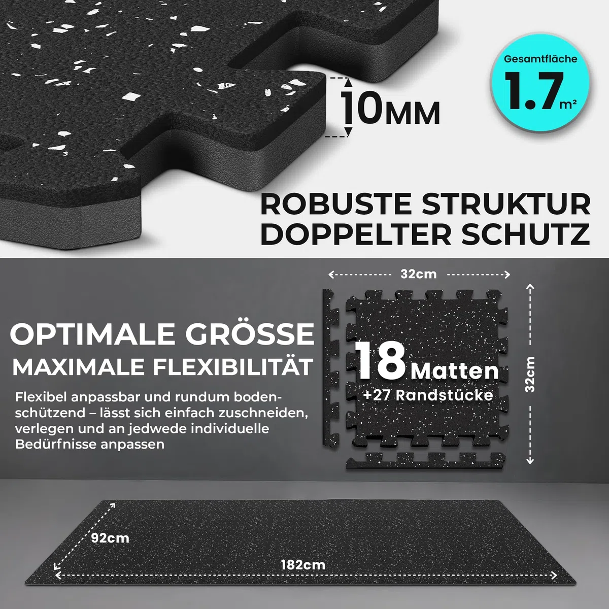 bemaxx Bodenschutzmatte Fitness – 18 Eva/Gummi-Matten im Set: Gym Fitnessgeräte Sportmatte Puzzlematte Laufbandmatte Fitnessmatte Unterlegmatte Sportgeräte Trainingsmatte Bodenmatte Gymnastikmatte
