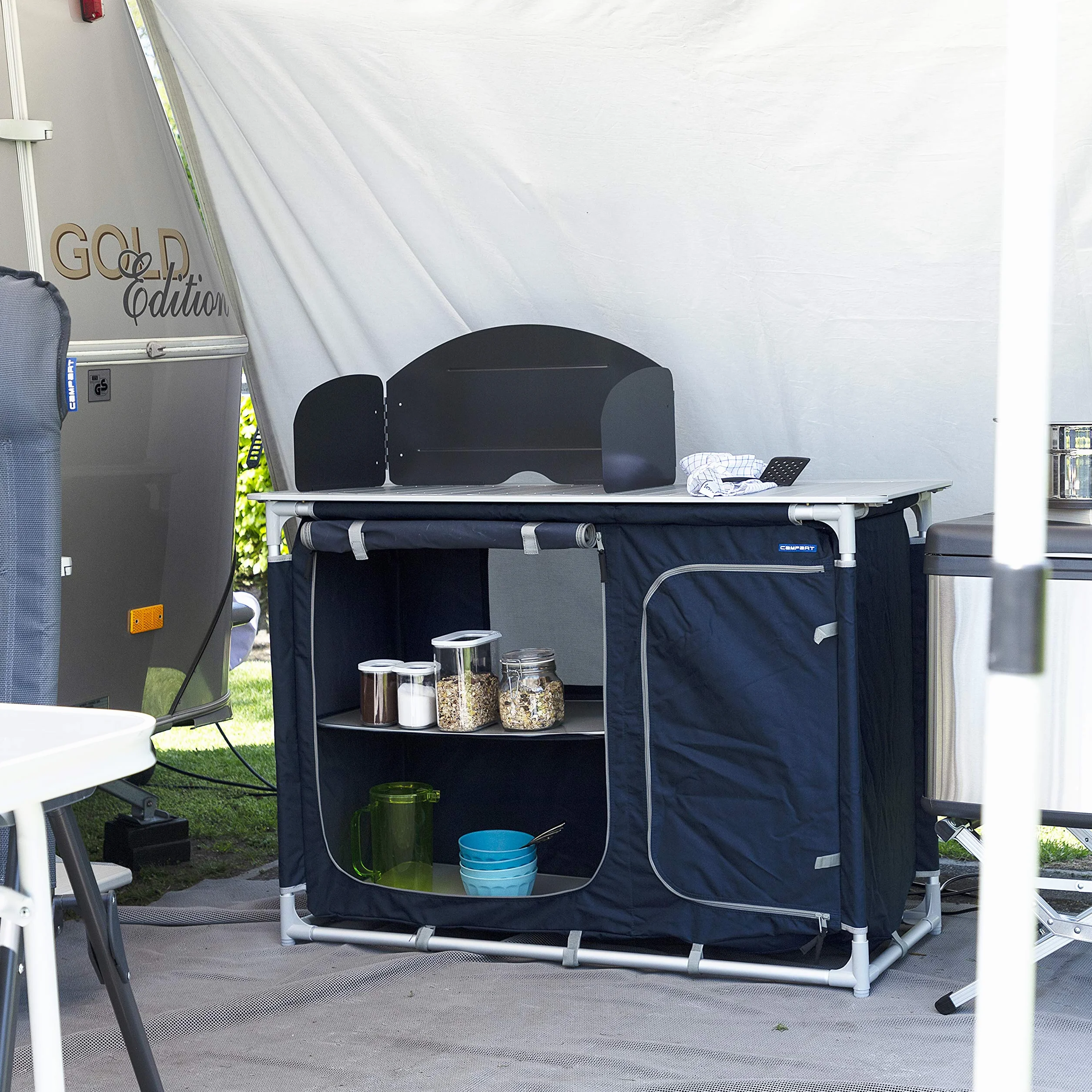 Campart Campingküche mit zwei Aufbewahrungsfächern, Spülbecken und Windschutz, KI-0753, blau
