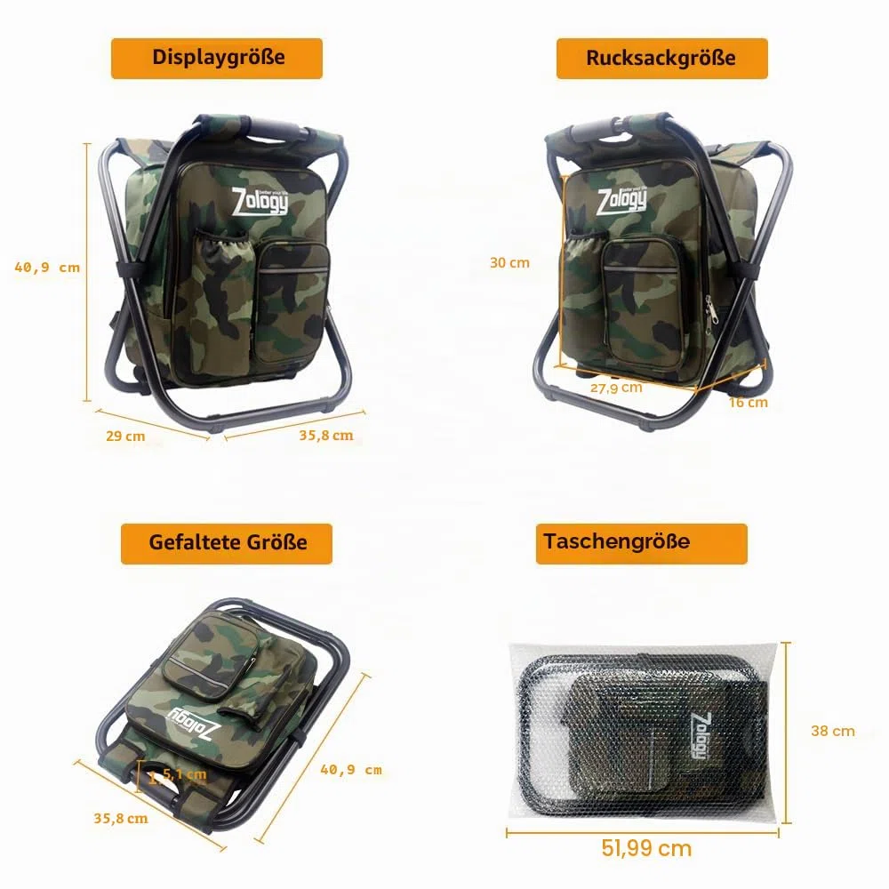 Sitzrucksack Klapp Campingstuhl Hocker Rucksack mit Kühler isolierte Picknick Tasche, Camouflage Portable Wandern Sitz Tisch Tasche für Outdoor Indoor Fishing Travel Beach BBQ