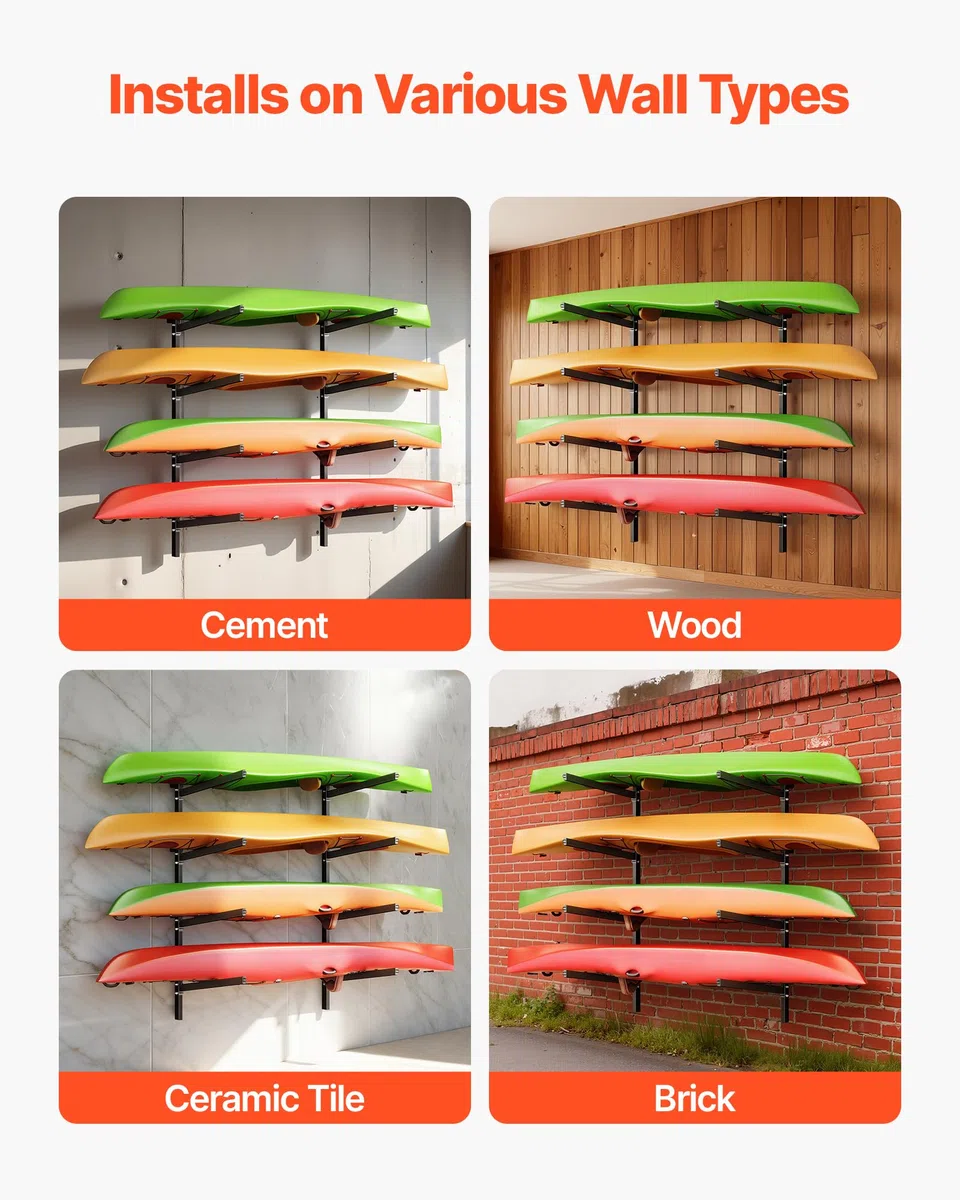 VEVOR Kajak-Aufbewahrungsregal Wandhalterung für 4 Kajaks/Kanus/Surfbretter/Paddleboards/Kleine Boote, Kajakständer mit 136 kg Tragkraft, Einstellbarer Kajakhalterung Lagergestell für Garage Steg